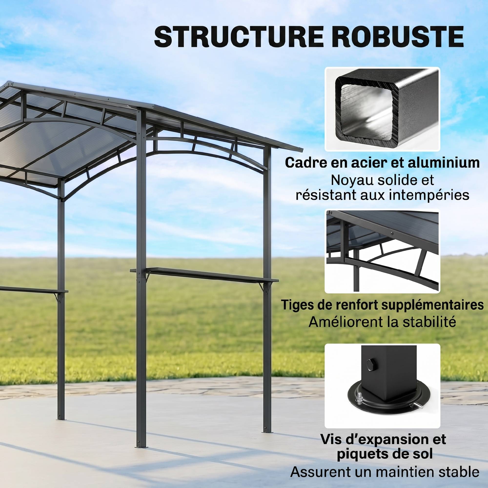 Pavillon jardin 2,5 x 1,5 m - abri barbecue - 2 étagères - toit de barbecue - métal noir toit polycarbonate - Image 8
