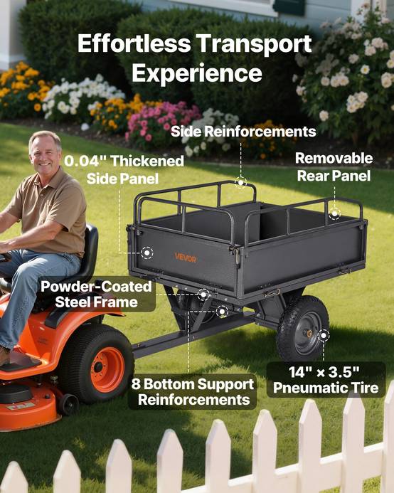 VEVOR Remorque benne basculante 283 L, tracteur tondeuse jardin acier, capacité 226,8 kg. - Image 3