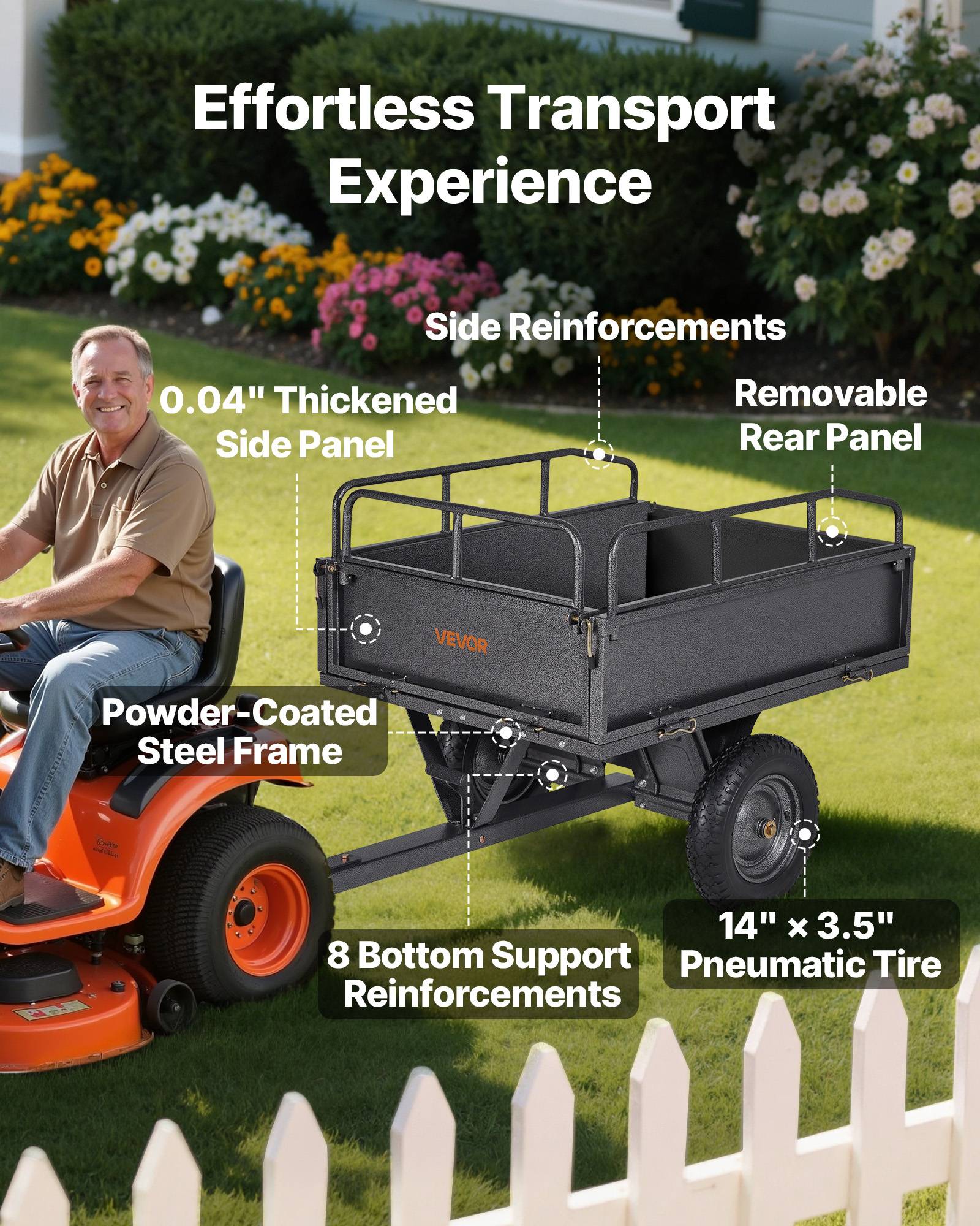 VEVOR Remorque benne basculante 283 L, tracteur tondeuse jardin acier, capacité 226,8 kg. - Image 3