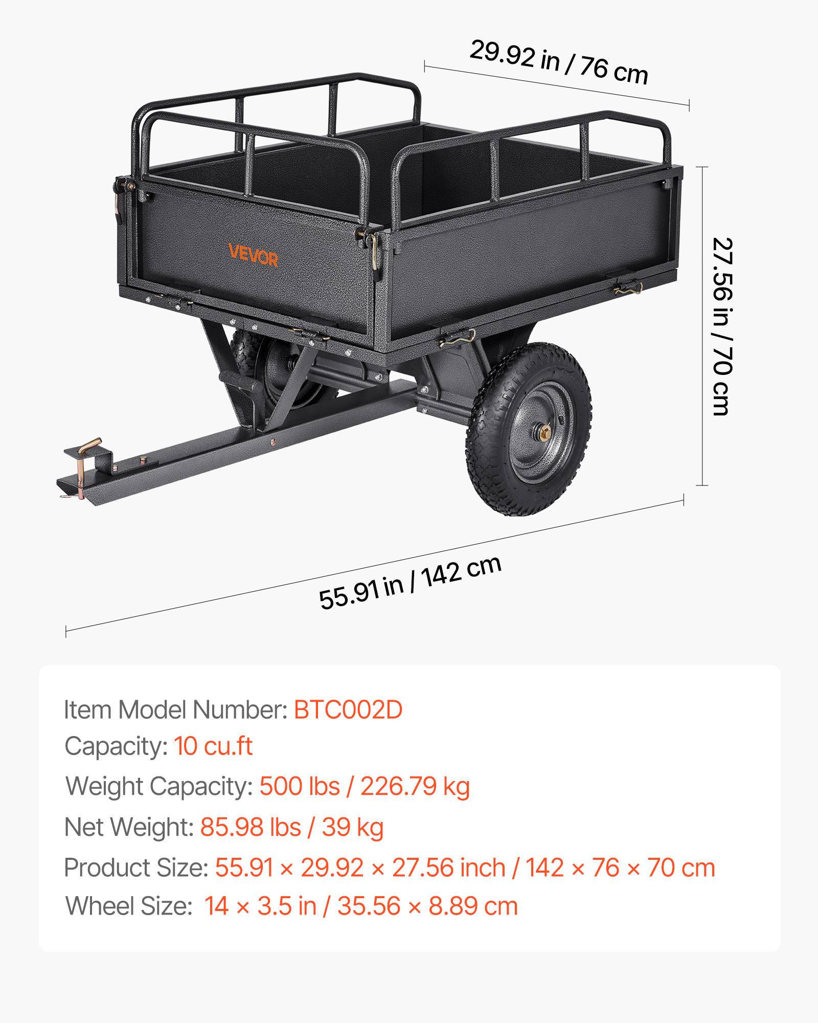 VEVOR Remorque benne basculante 283 L, tracteur tondeuse jardin acier, capacité 226,8 kg. - Image 7