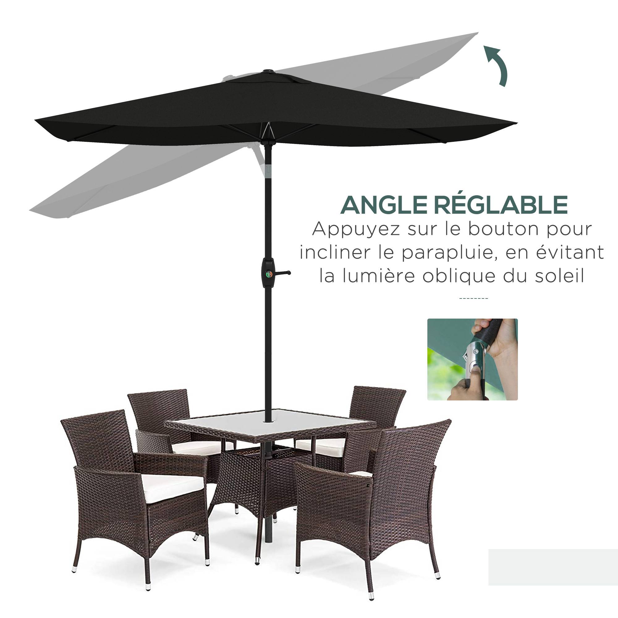 Parasol rectangulaire inclinable avec manivelle en aluminium et polyester noir 290 x 200 x 248 cm - PANGIVO - Image 6