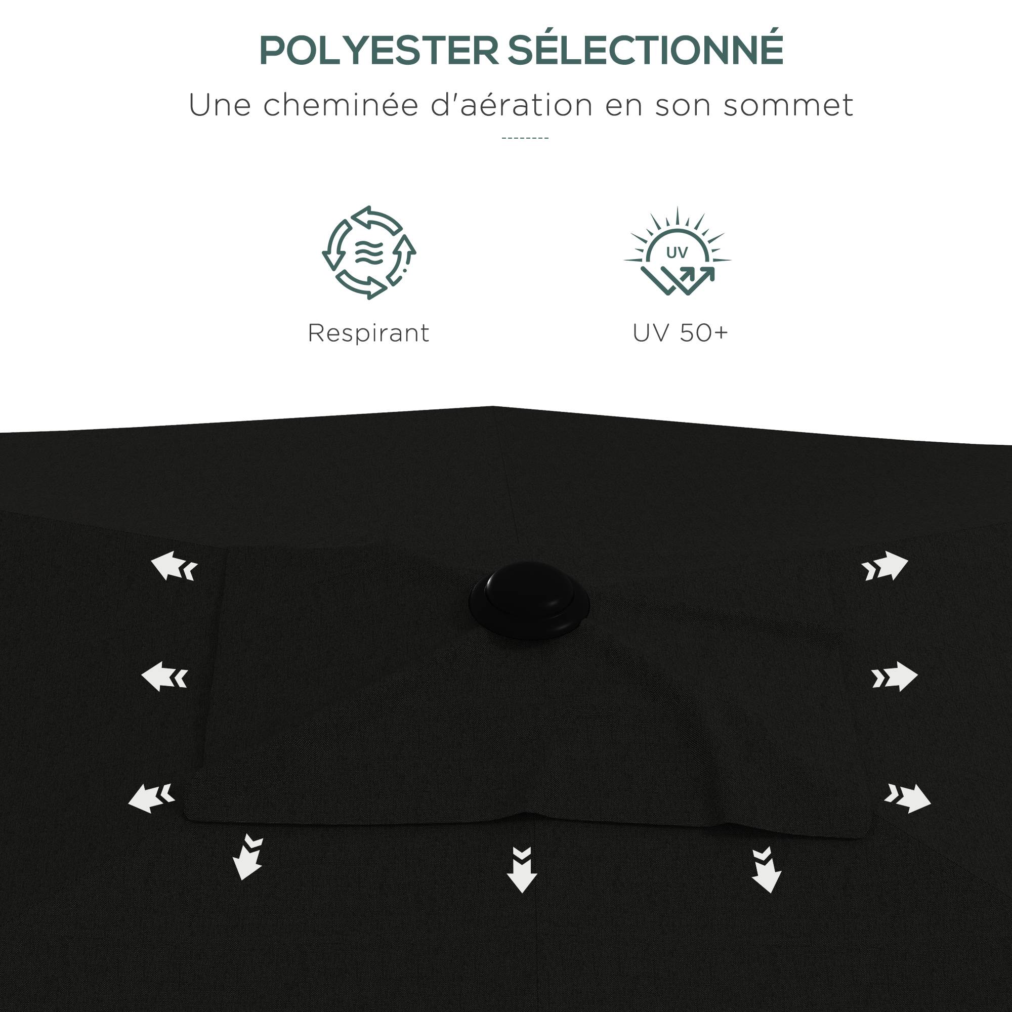 Parasol rectangulaire inclinable avec manivelle en aluminium et polyester noir 290 x 200 x 248 cm - PANGIVO - Image 9