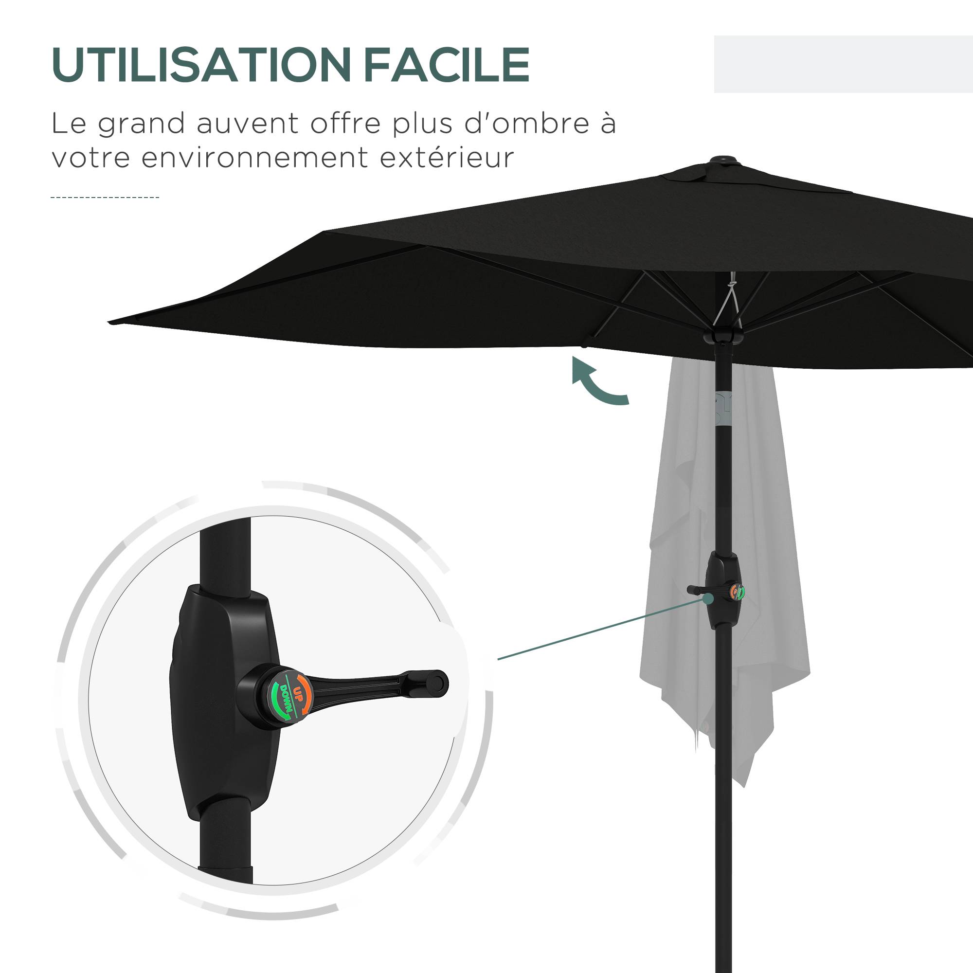 Parasol rectangulaire inclinable avec manivelle en aluminium et polyester noir 290 x 200 x 248 cm - PANGIVO - Image 7