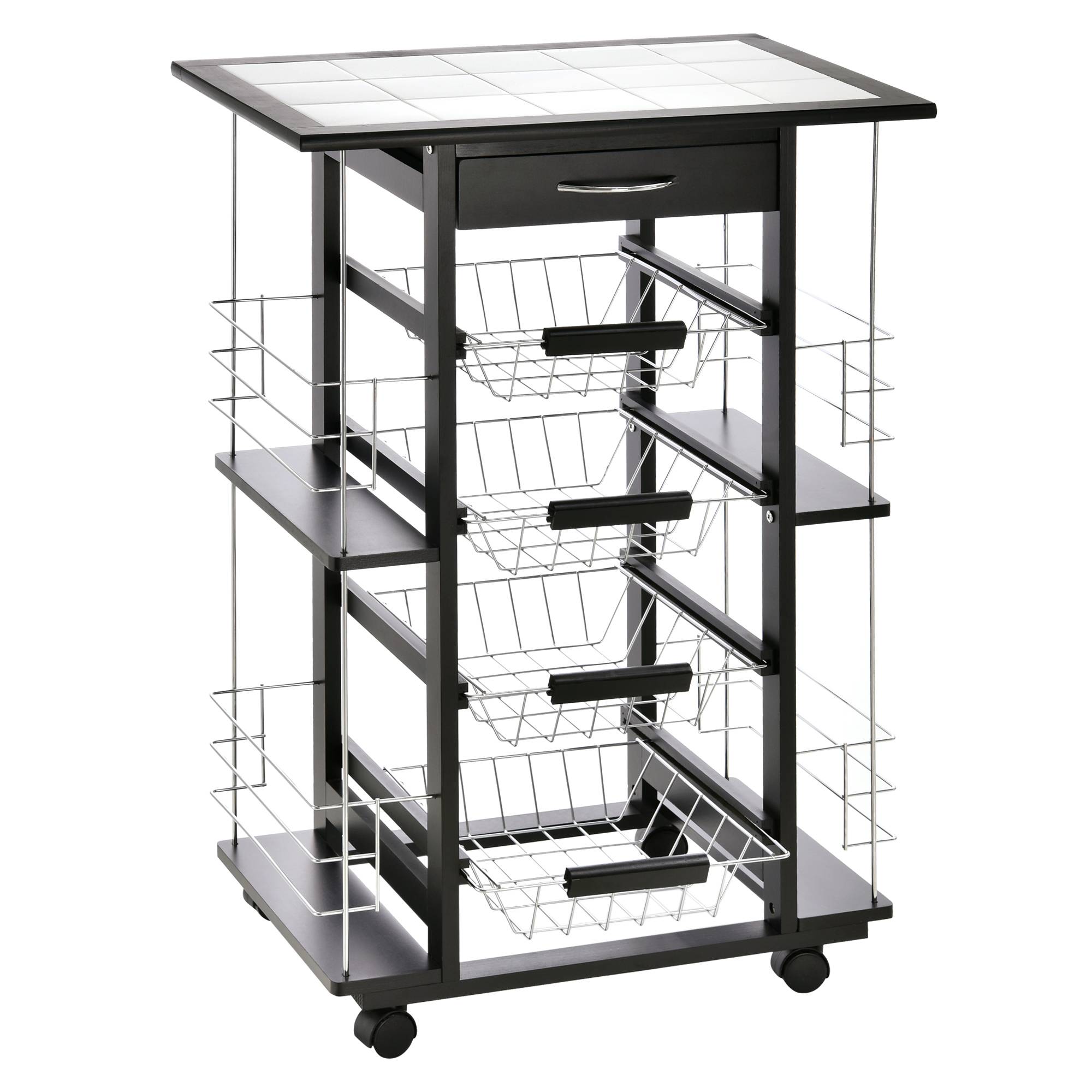 Sans Marque - Desserte cuisine tiroir 4 corbeilles fruits coulissantes plateau céramique chariot cuisine gain place 4 étagères latérales pin métal 57x37x83 cm noir - Image 1