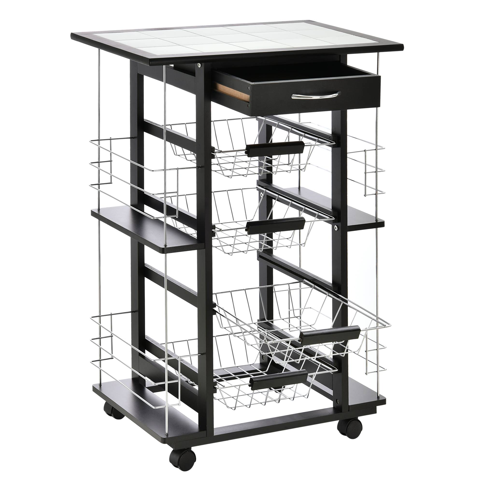 Sans Marque - Desserte cuisine tiroir 4 corbeilles fruits coulissantes plateau céramique chariot cuisine gain place 4 étagères latérales pin métal 57x37x83 cm noir - Image 2