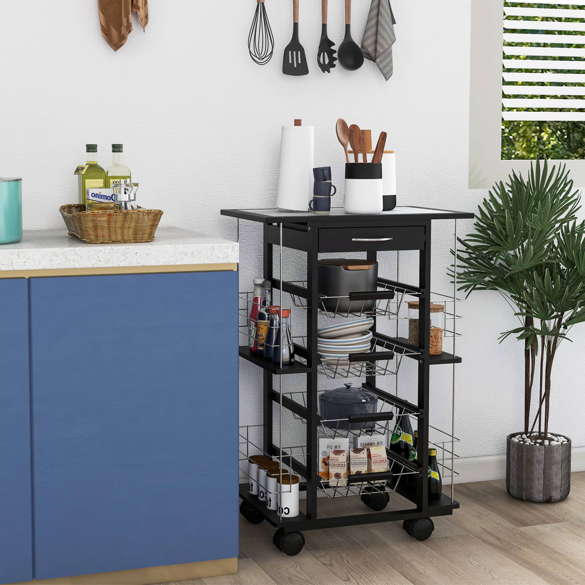 Sans Marque - Desserte cuisine tiroir 4 corbeilles fruits coulissantes plateau céramique chariot cuisine gain place 4 étagères latérales pin métal 57x37x83 cm noir - Image 3