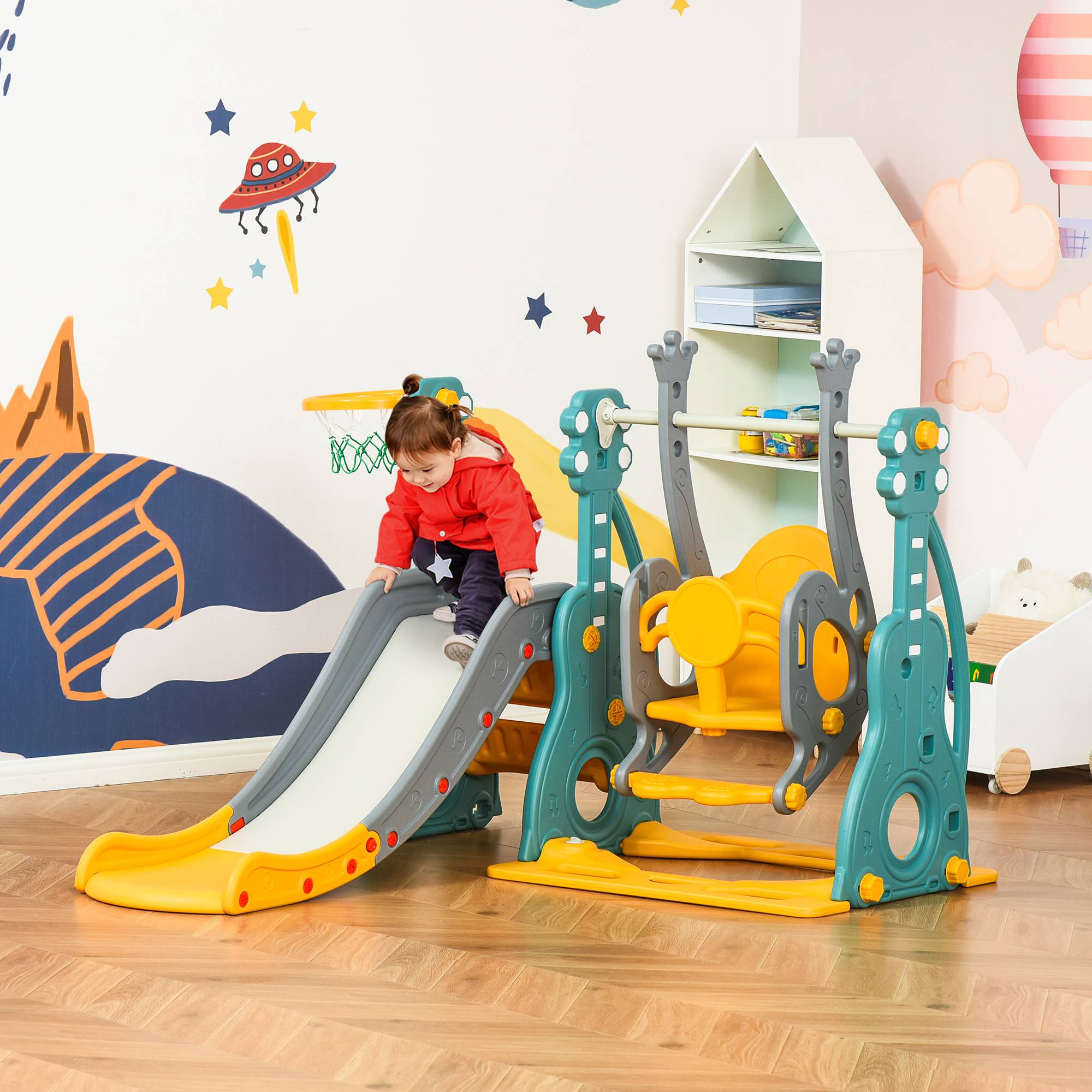 Toboggan et balançoire pour enfants 4 en 1 avec panier de basket, siège réglable, 152x149x107cm, bleu et jaune - Image 3
