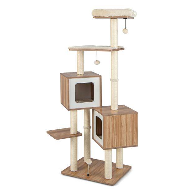 Arbre à chat en bois 163 cm avec 3 plateformes 2 niches 3 balles griffoirs en sisal perchoir coussins lavables naturel - Image 1