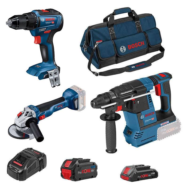 Bosch - Pack 3 outils - Visseuse + Meuleuse + Perforateur -BOSCH Professional - avec une batteries 18v 8.0AH et une 18V 4.0Ah - Chargeur - sac de transport - - Image 1