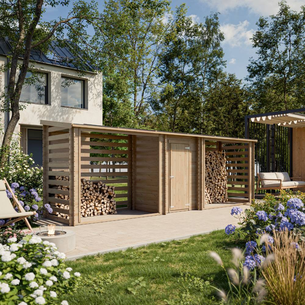 Timbela - Abri à bûches en bois avec remise - 6,18 m² / 146x564xH199 cm - 19 mm d’épaisseur - Timbela M206