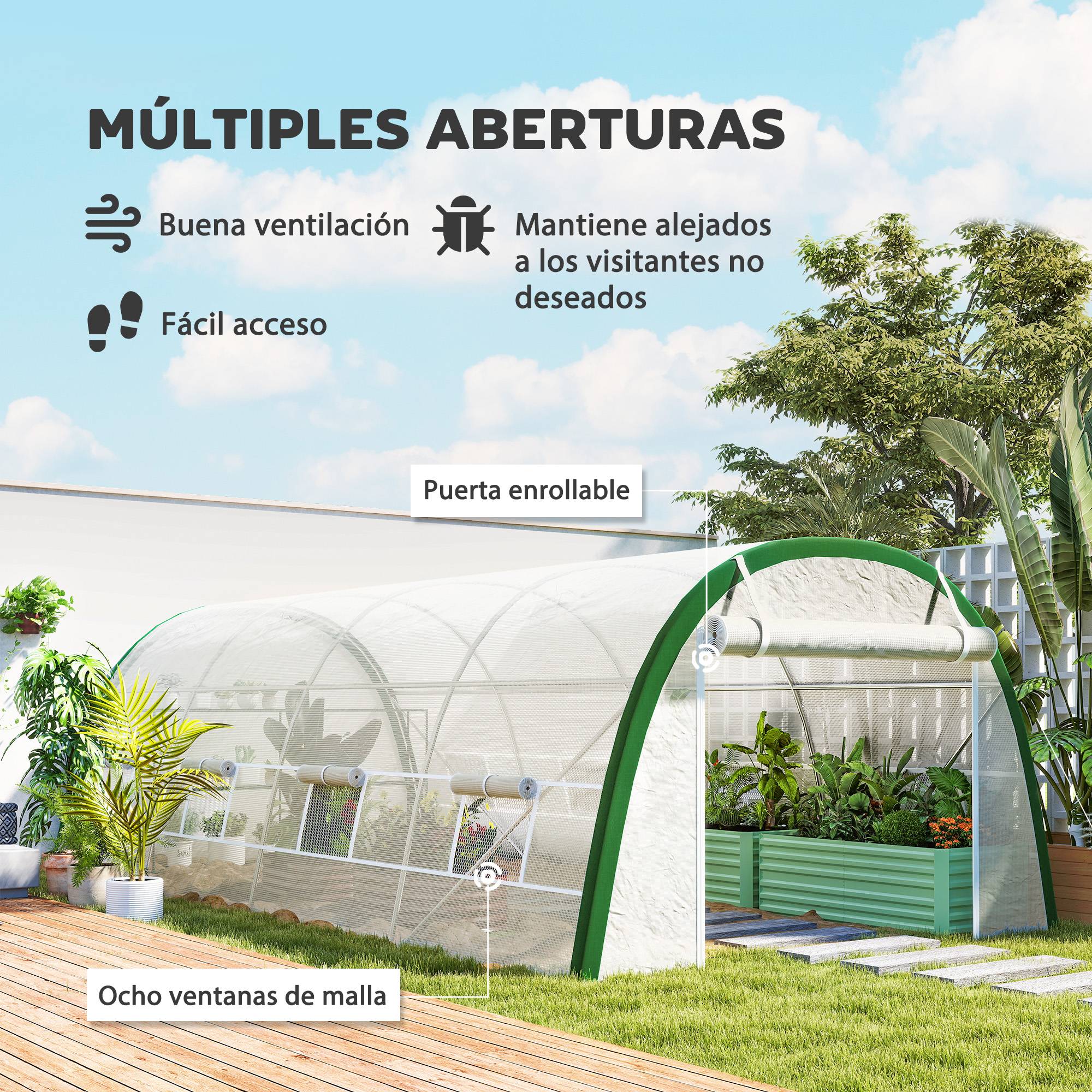 Serre tunnel 6 x 3 x 2 m avec porte enroulable, 8 fenêtres grillagées et structure en acier galvanisé blanc - Image 6