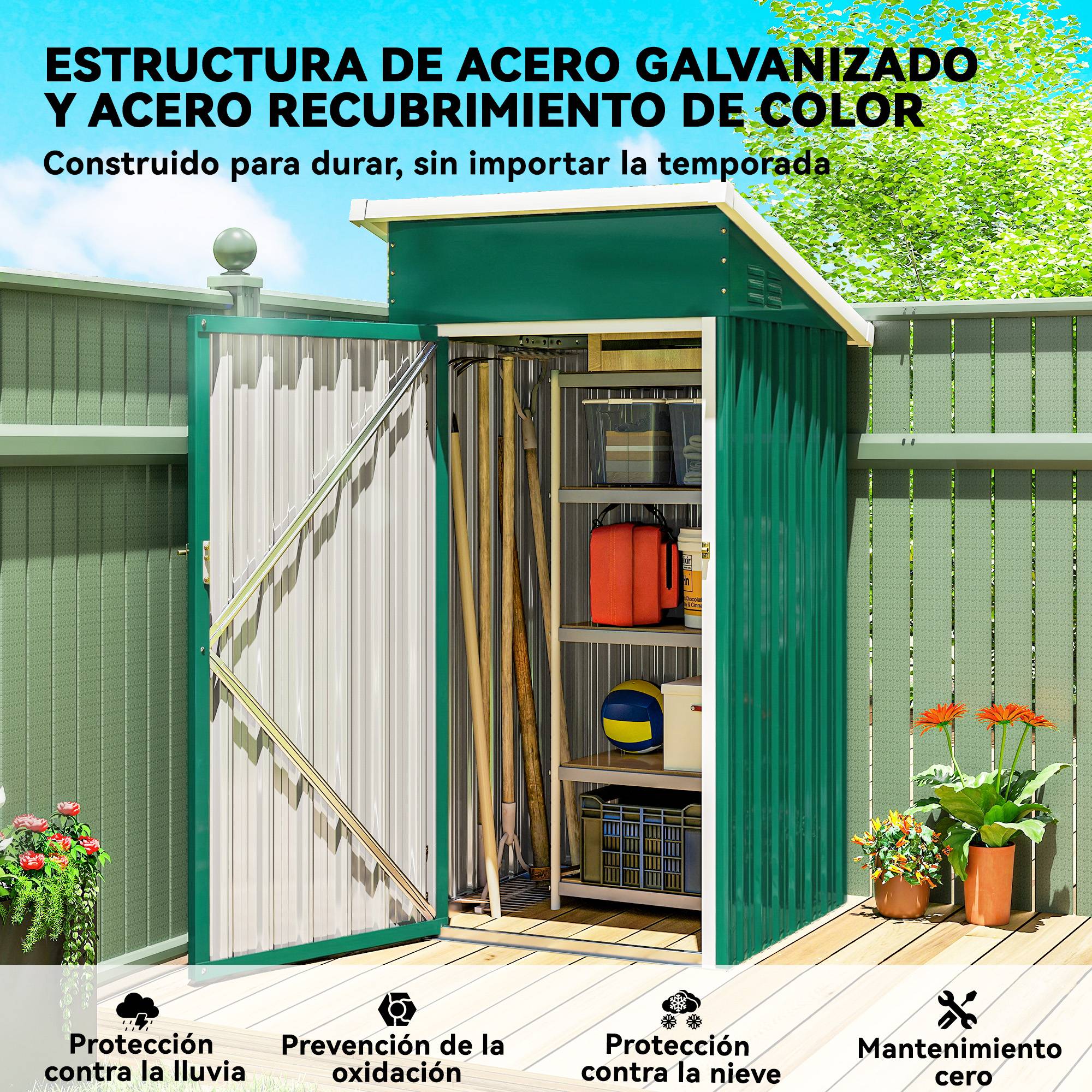 Abri de jardin acier galvanisé extérieur rangement outils toit incliné 107x91x185cm vert - ComfortXL Outdoor Living - Image 8