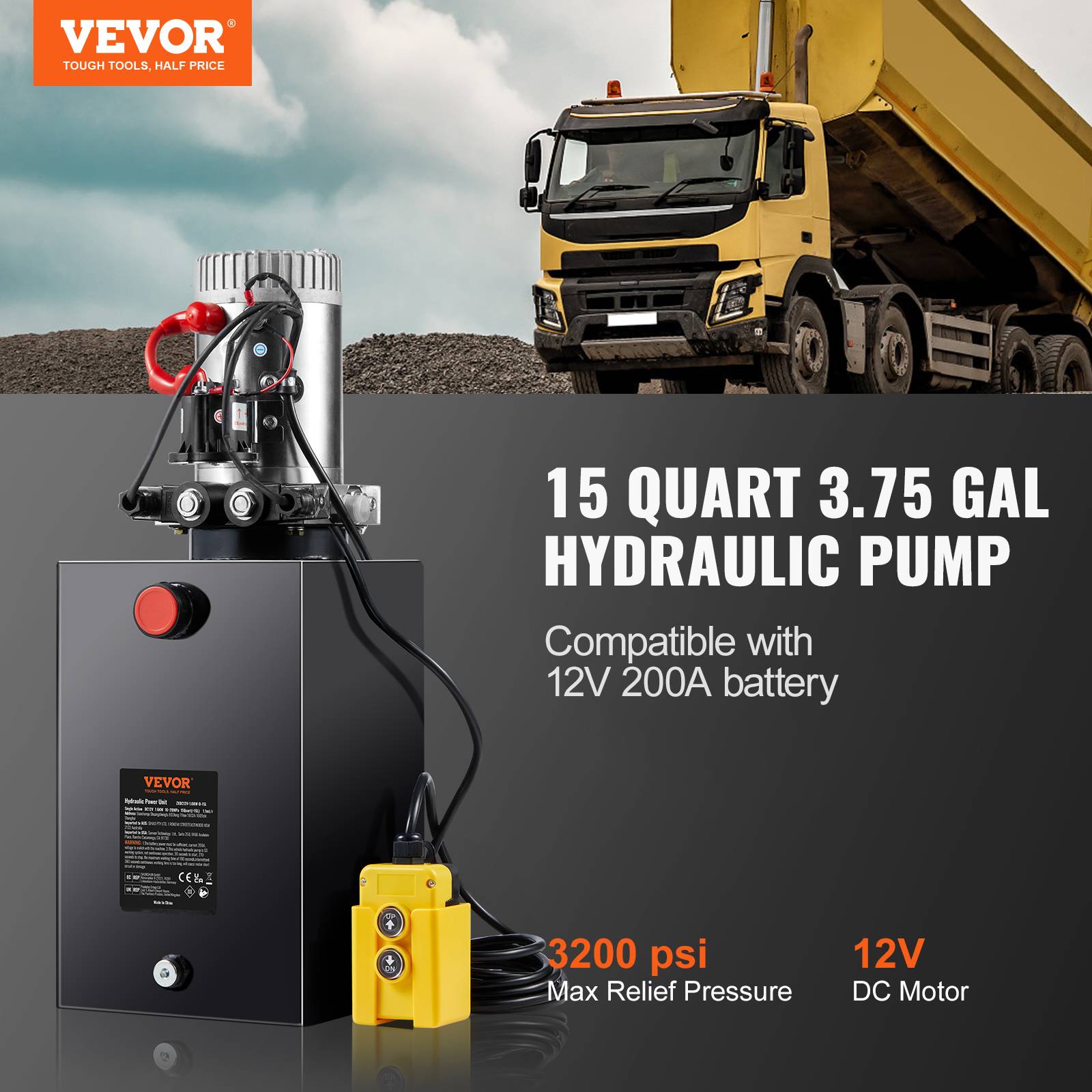 VEVOR Pompe hydraulique DC 12V 14L double effet, débit 3.44 L/min, pression 22 MPa, pour benne basculante/nacelle. - Image 2