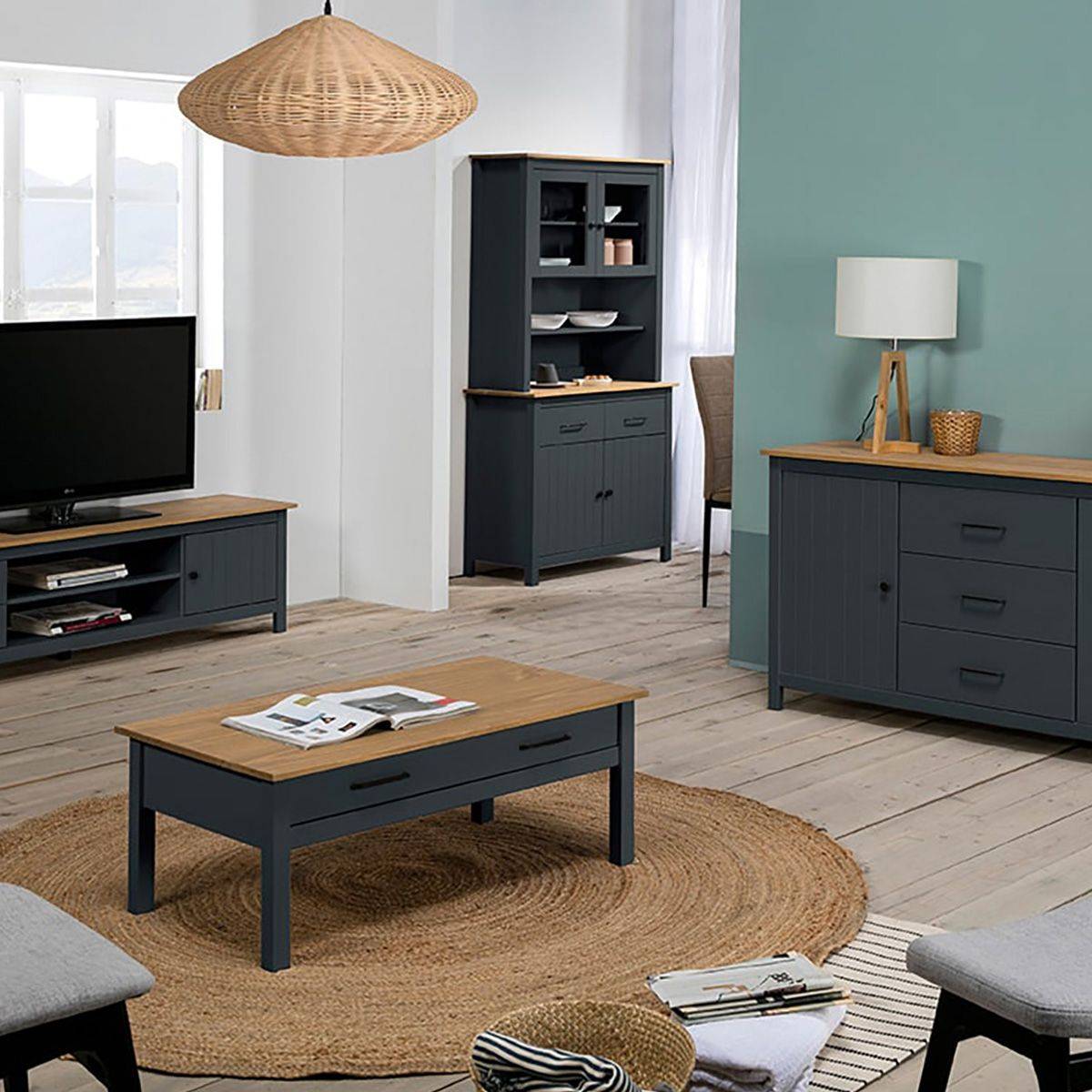 Pack Meuble TV + Table Basse + Buffet Haut + Buffet Bas 3P Bois et Bleu Pétrole - TINA - Image 2