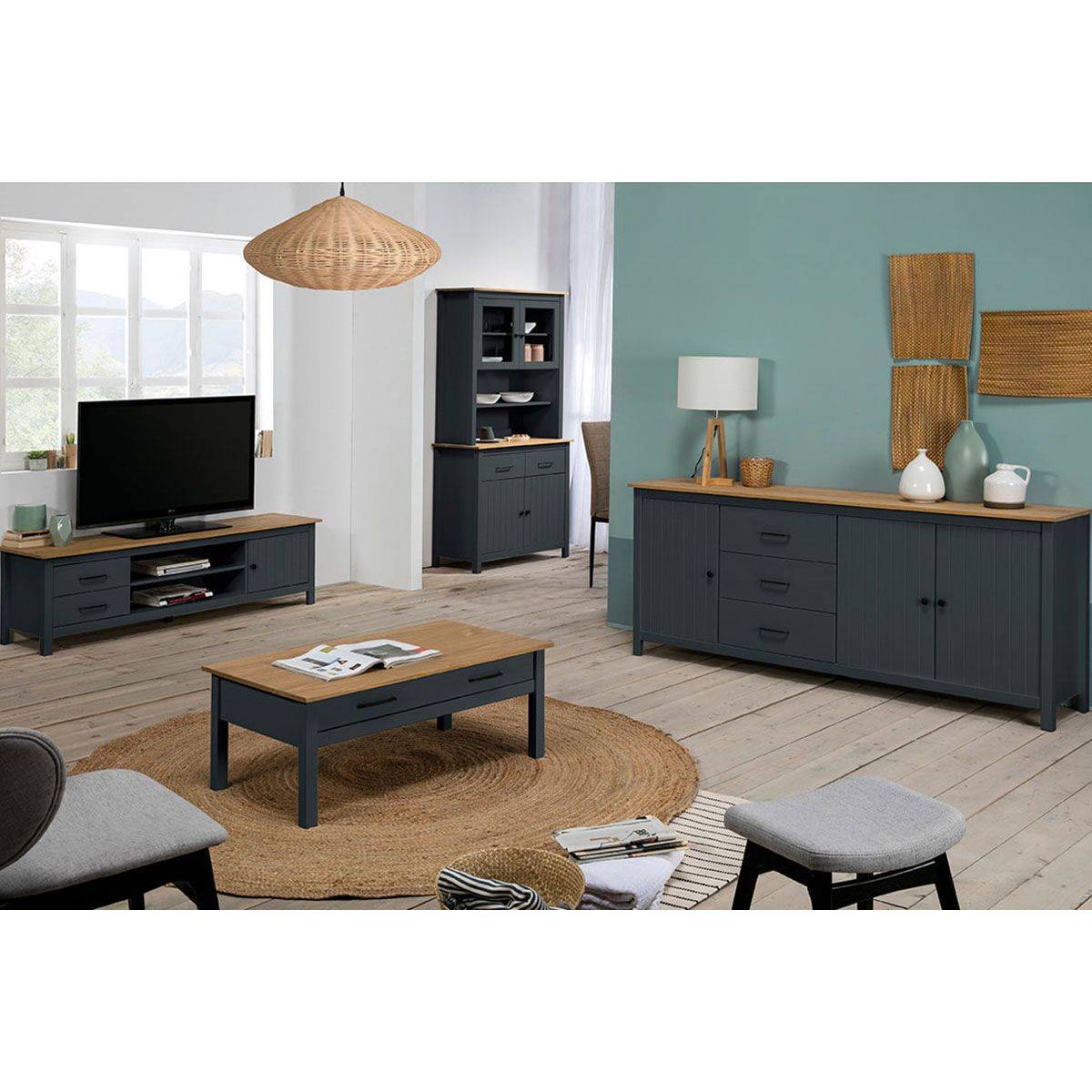 Pack Meuble TV + Table Basse + Buffet Haut + Buffet Bas 3P Bois et Bleu Pétrole - TINA - Image 1