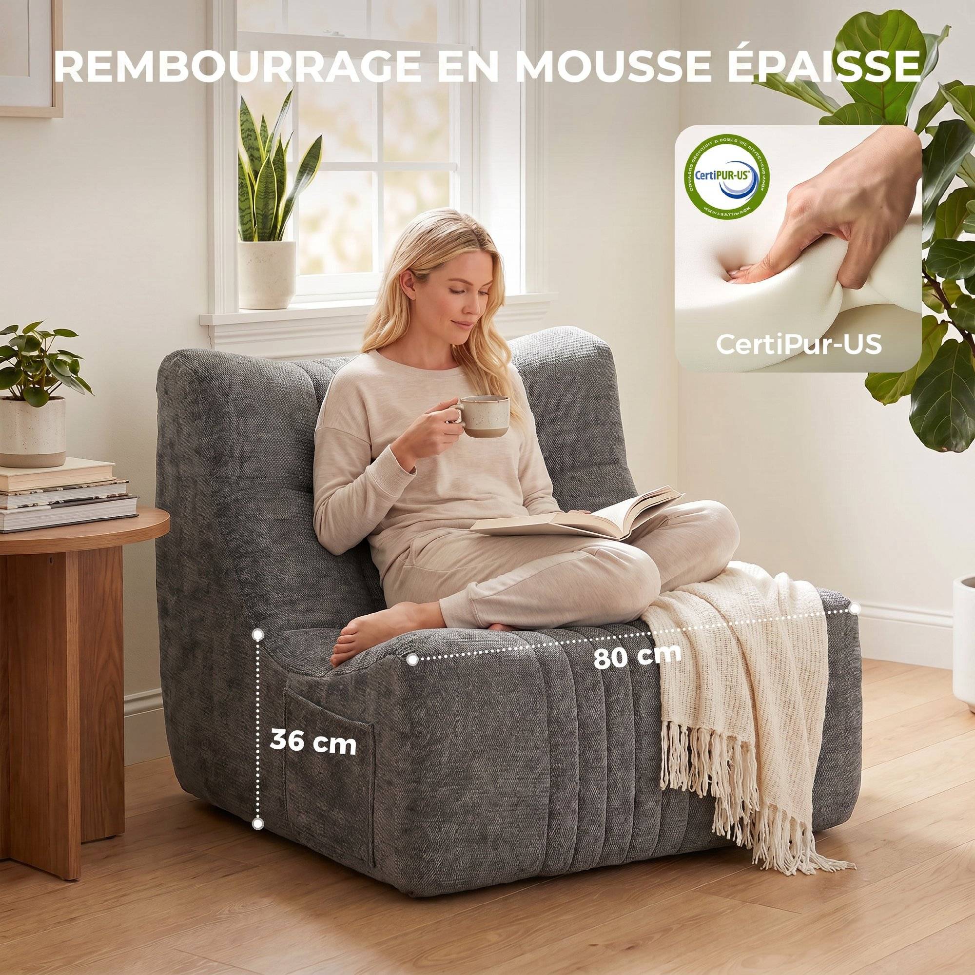 Canapé Paresseux Chaise de Sol à Silhouette Papillon avec Poches Latérales, sans Assemblage, 80x90x76cm, Gris Châtaigne - Image 7