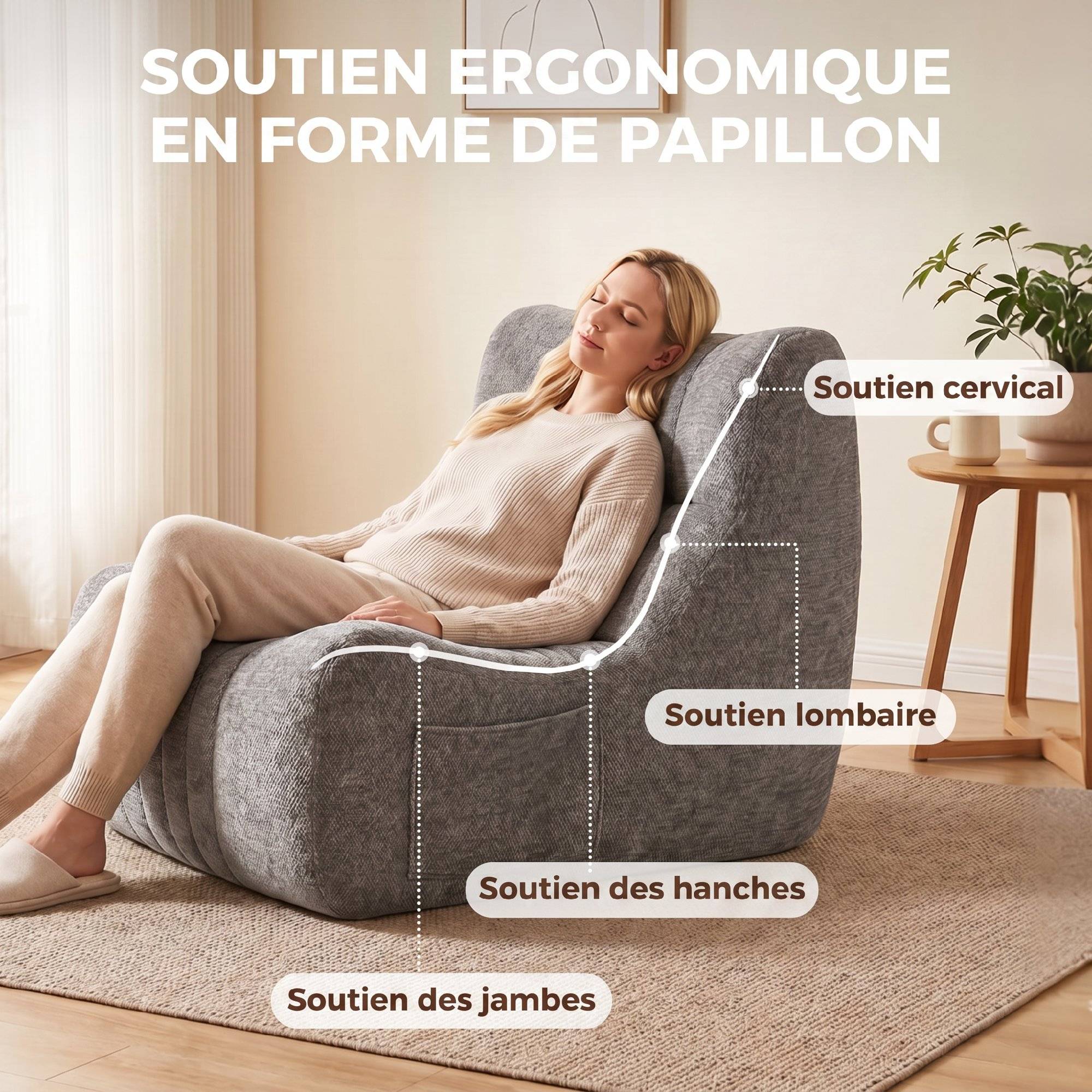Canapé Paresseux Chaise de Sol à Silhouette Papillon avec Poches Latérales, sans Assemblage, 80x90x76cm, Gris Châtaigne - Image 6