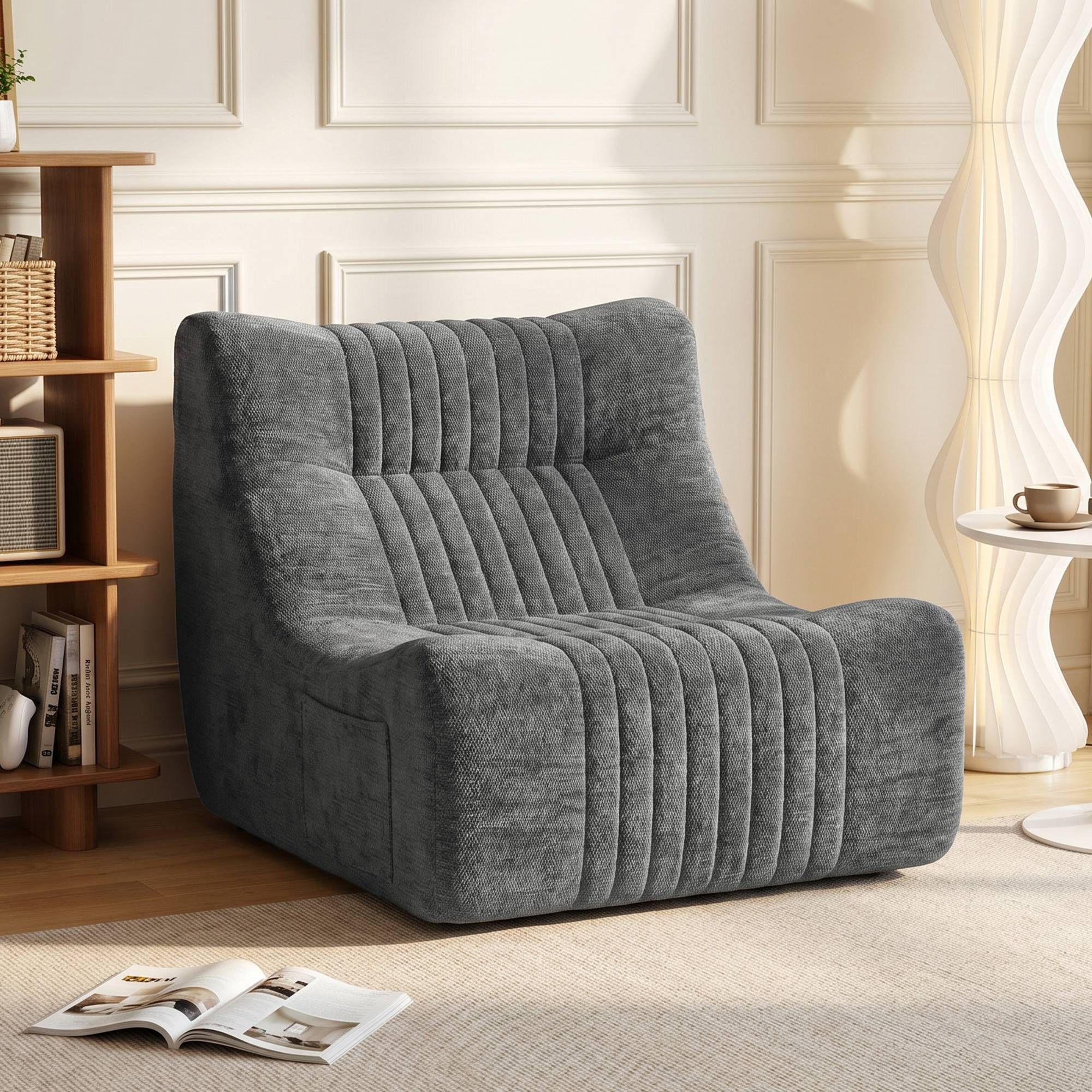 Canapé Paresseux Chaise de Sol à Silhouette Papillon avec Poches Latérales, sans Assemblage, 80x90x76cm, Gris Châtaigne - Image 4