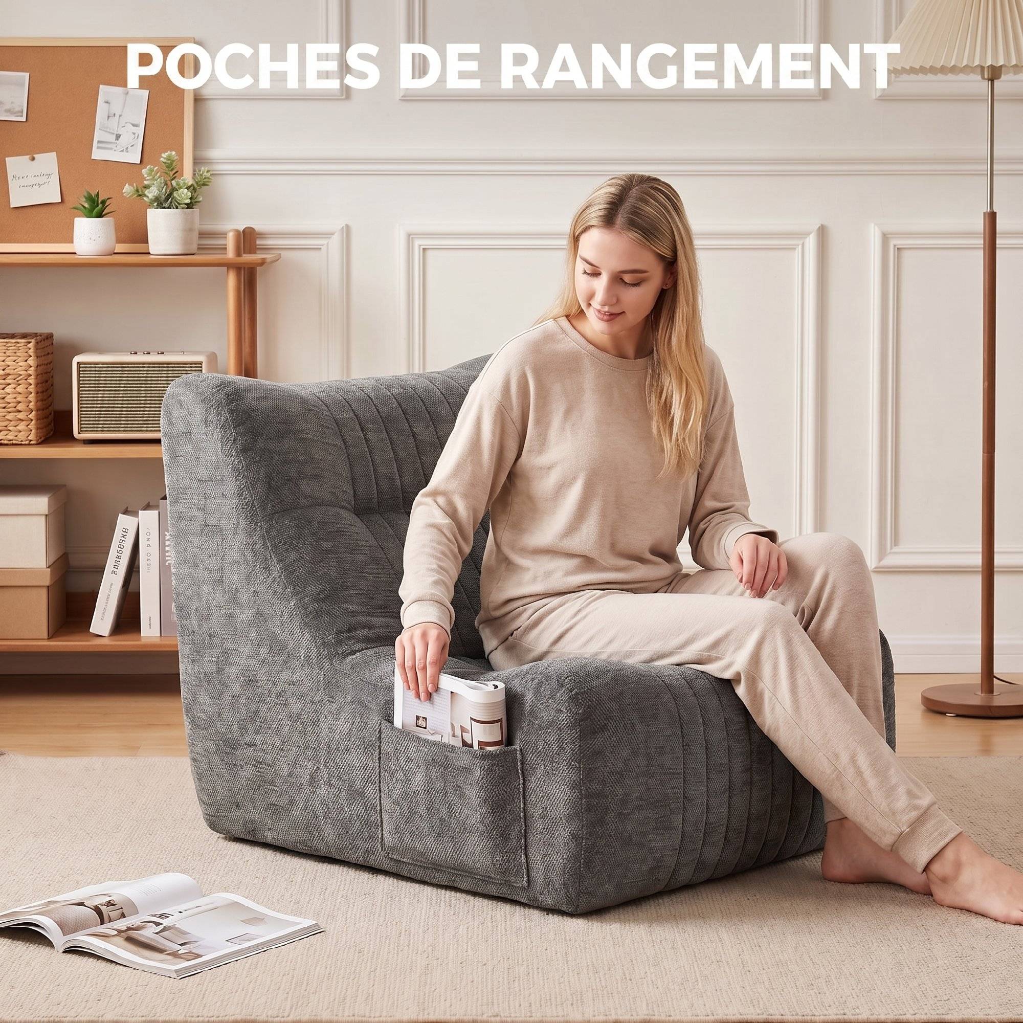 Canapé Paresseux Chaise de Sol à Silhouette Papillon avec Poches Latérales, sans Assemblage, 80x90x76cm, Gris Châtaigne - Image 9