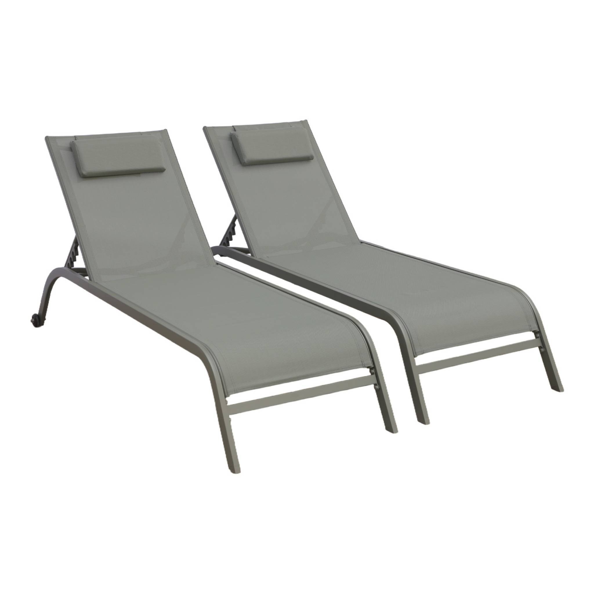 sweeek - Lot de 2 bains de soleil acier kaki multi positions avec coussin et roulettes - Ona | sweeek - Image 2