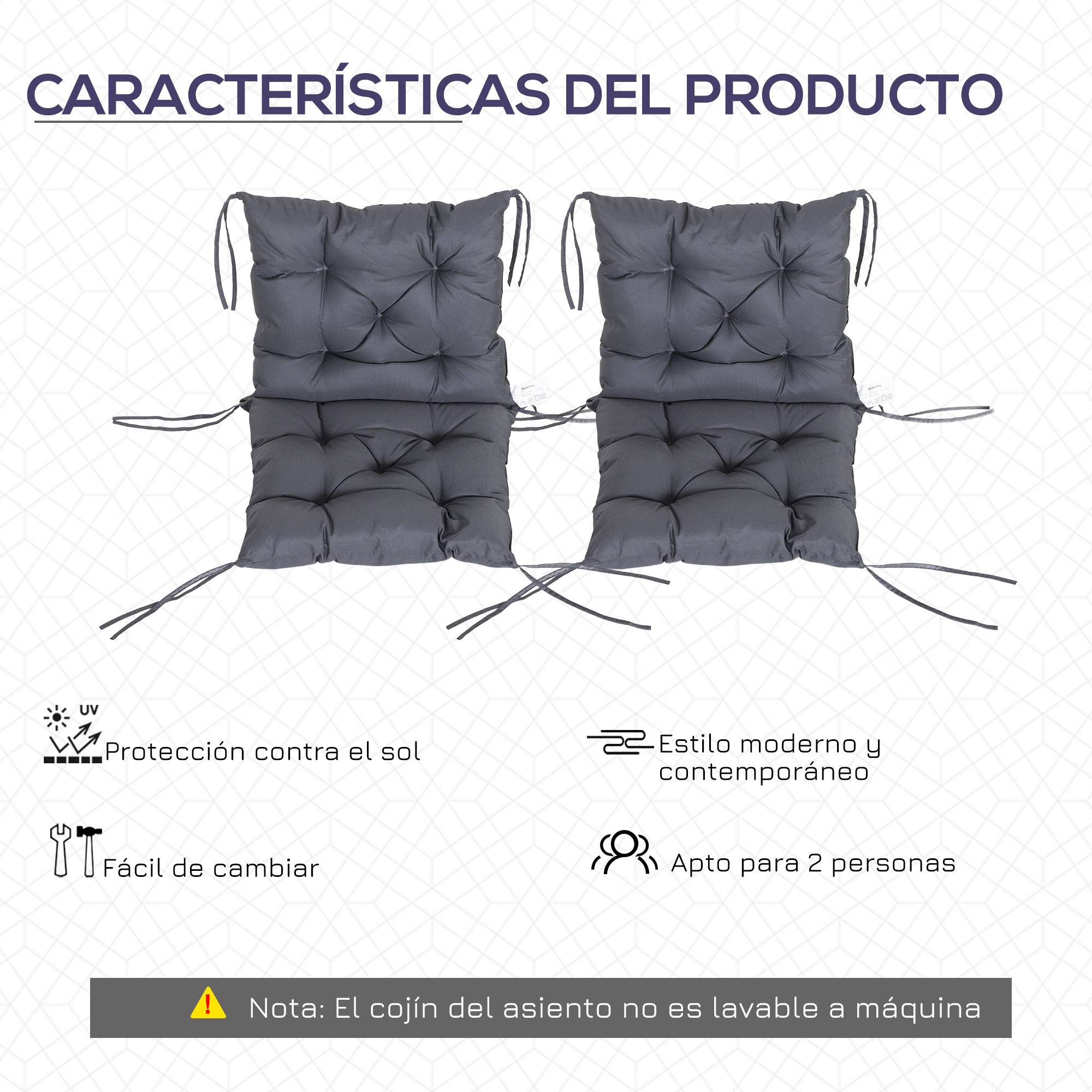 Lot de 2 coussins de chaise 50 x 98 x 8 cm avec dossier et 6 cordons de fixation pour jardin, terrasse, balcon, gris foncé - Image 7
