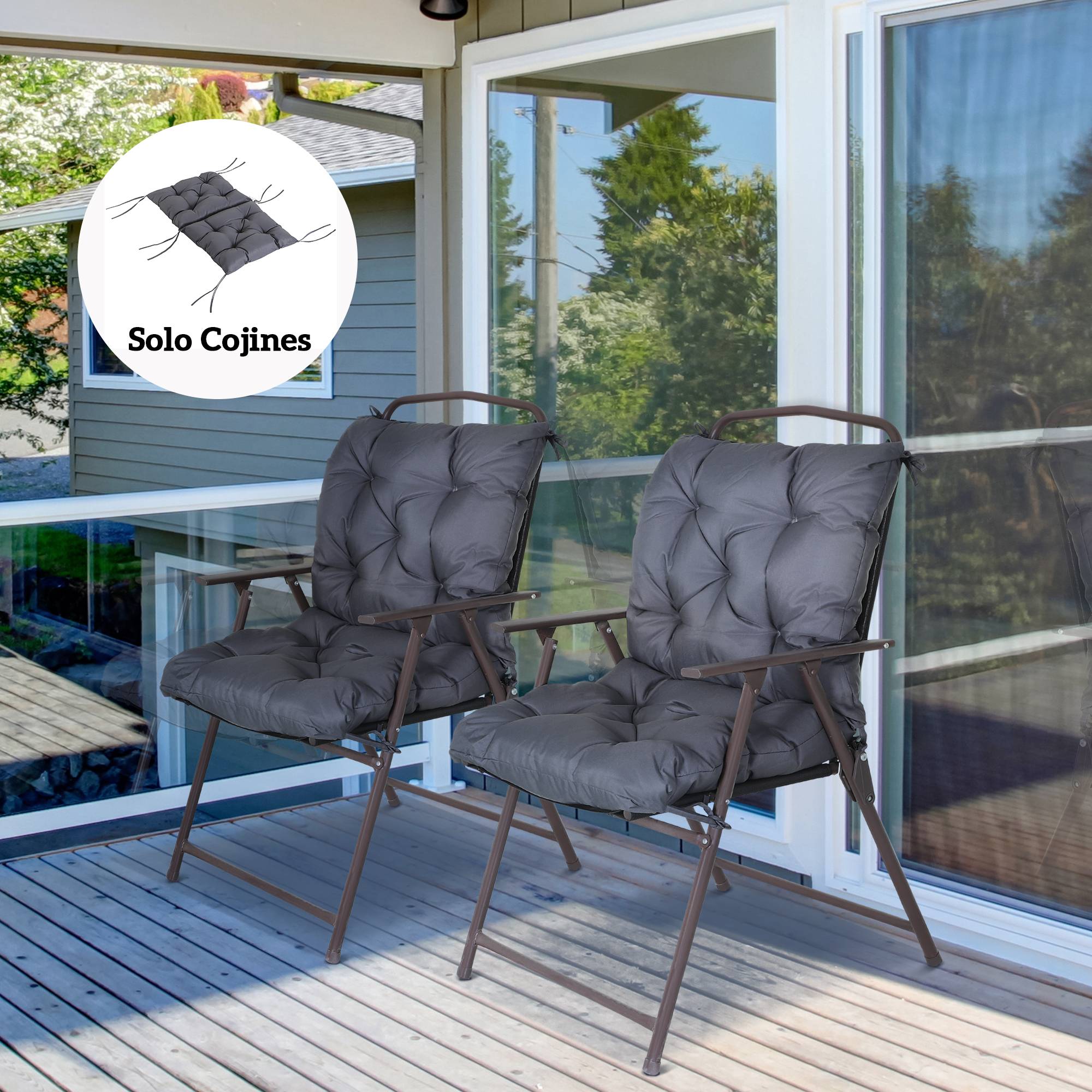 Lot de 2 coussins de chaise 50 x 98 x 8 cm avec dossier et 6 cordons de fixation pour jardin, terrasse, balcon, gris foncé - Image 3