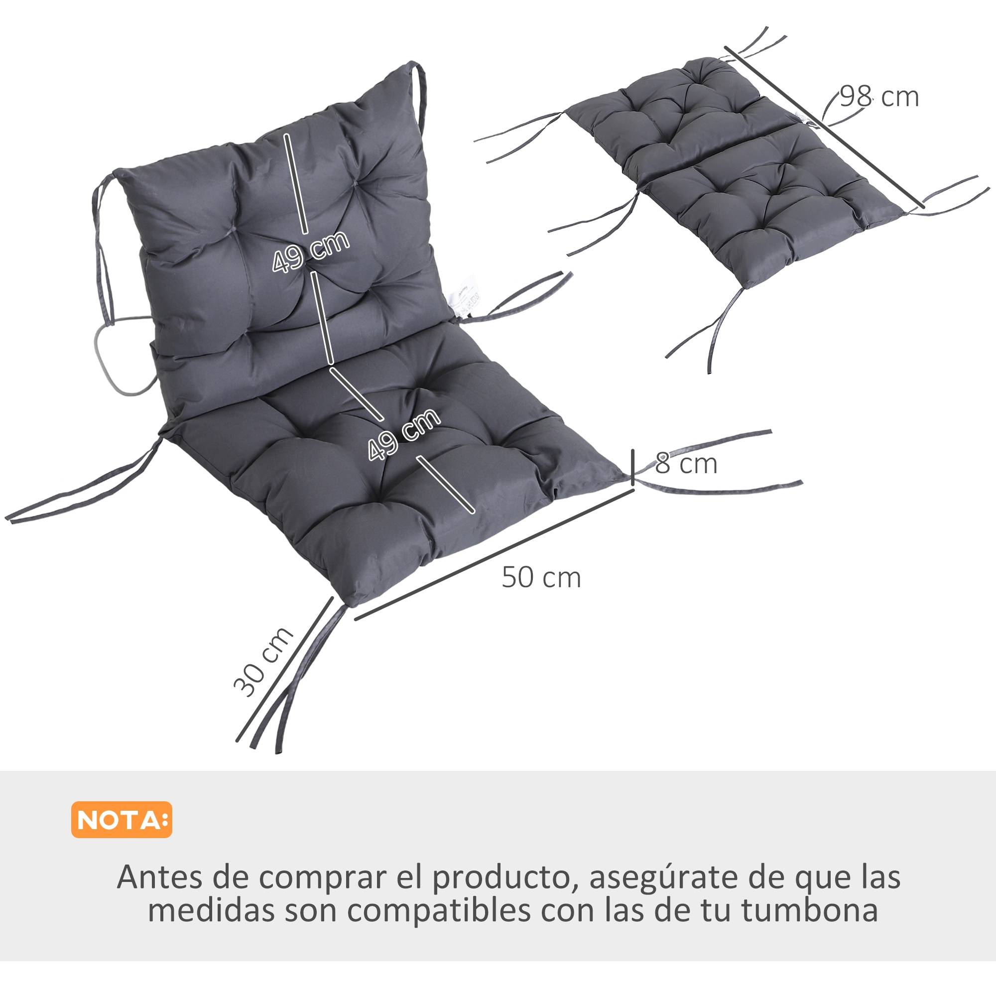 Lot de 2 coussins de chaise 50 x 98 x 8 cm avec dossier et 6 cordons de fixation pour jardin, terrasse, balcon, gris foncé - Image 5