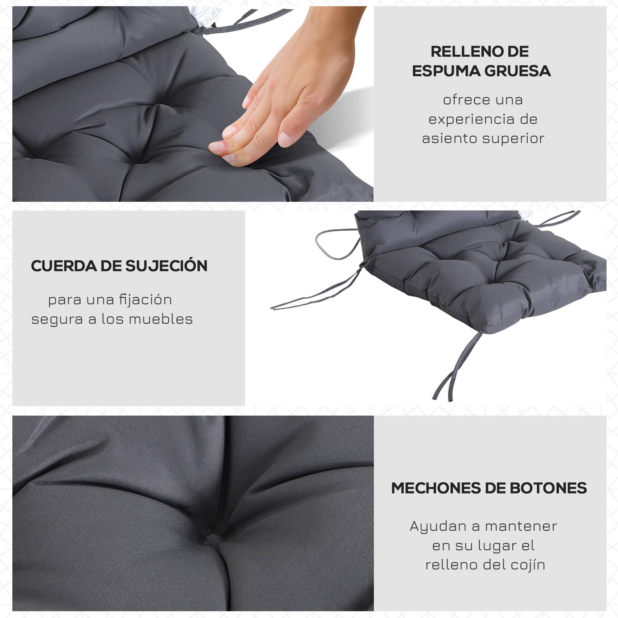 Lot de 2 coussins de chaise 50 x 98 x 8 cm avec dossier et 6 cordons de fixation pour jardin, terrasse, balcon, gris foncé - Image 8