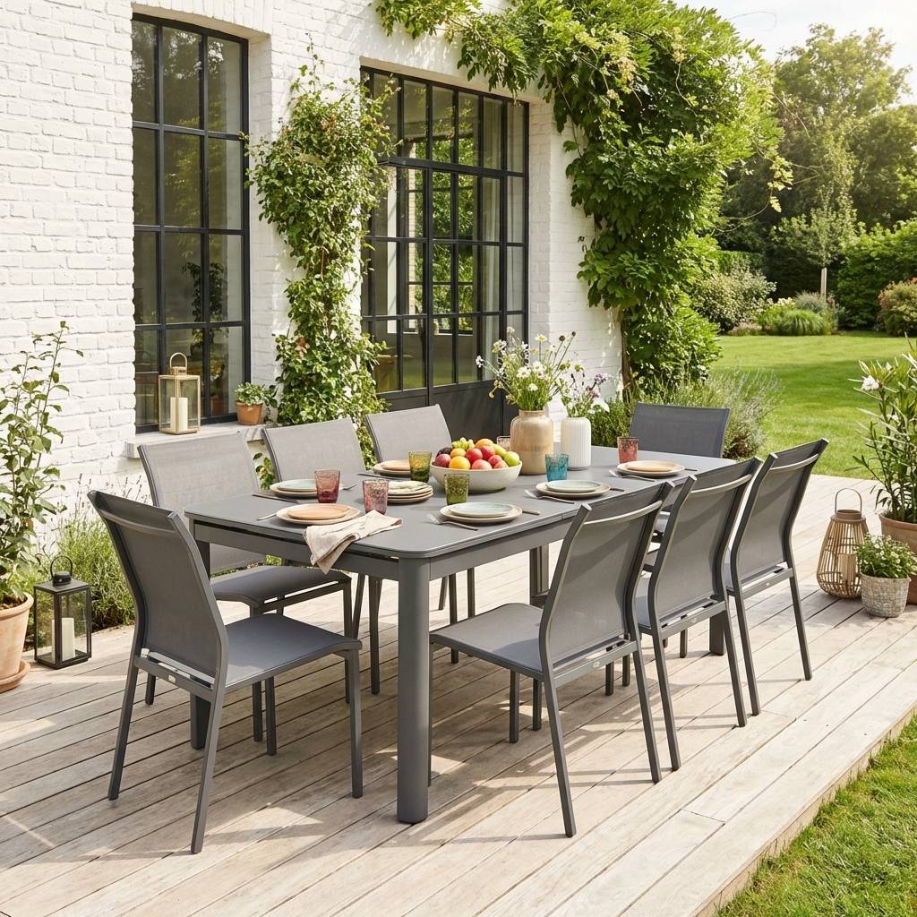 Table de jardin extensible aluminium + 8 assises anthracite - Soria / Buffalo | sweeek - Image 1