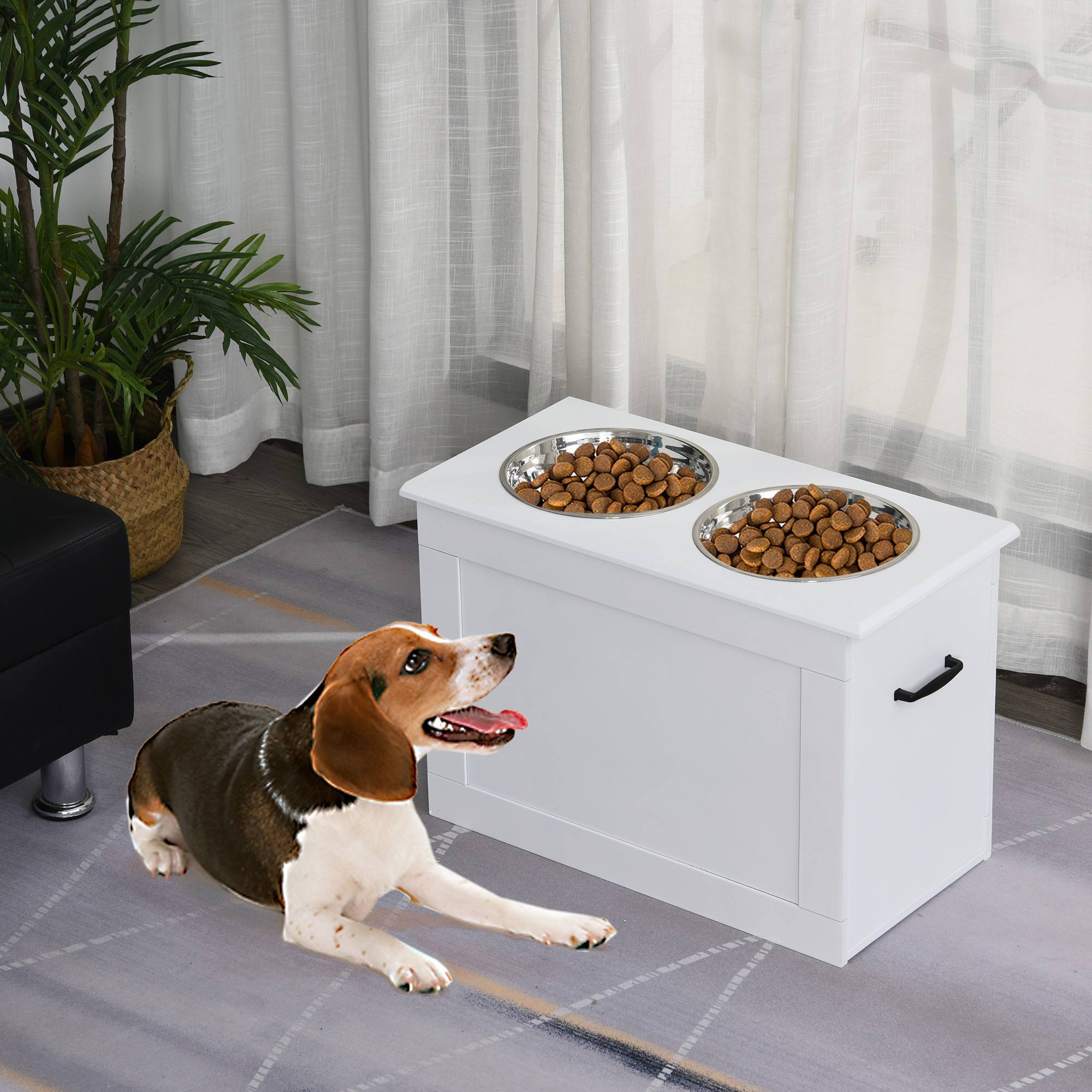 Sans Marque - Gamelles surélevées grands chiens support MDF 2 gamelles inox 60x30x41 cm blanc - Image 3