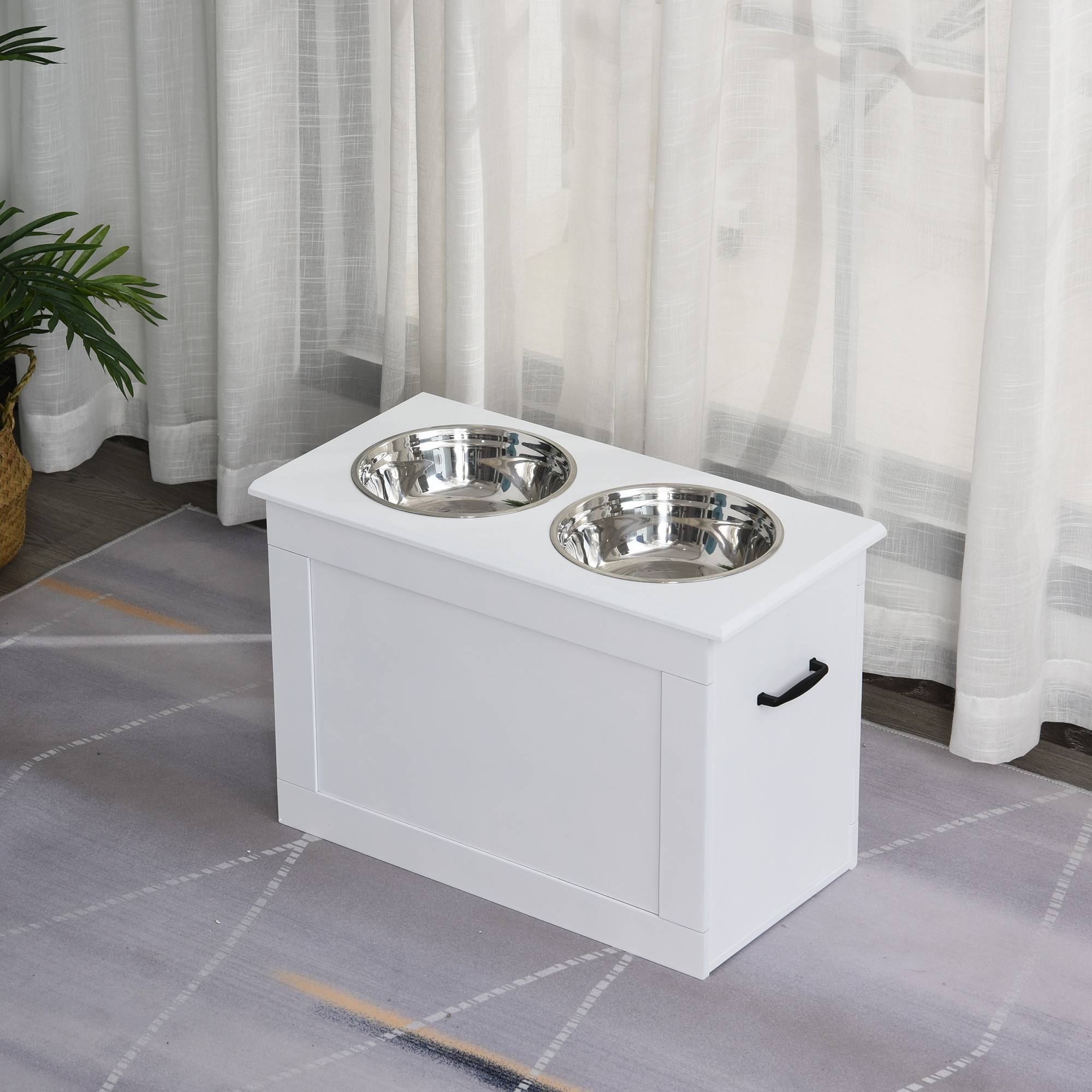 Sans Marque - Gamelles surélevées grands chiens support MDF 2 gamelles inox 60x30x41 cm blanc - Image 4