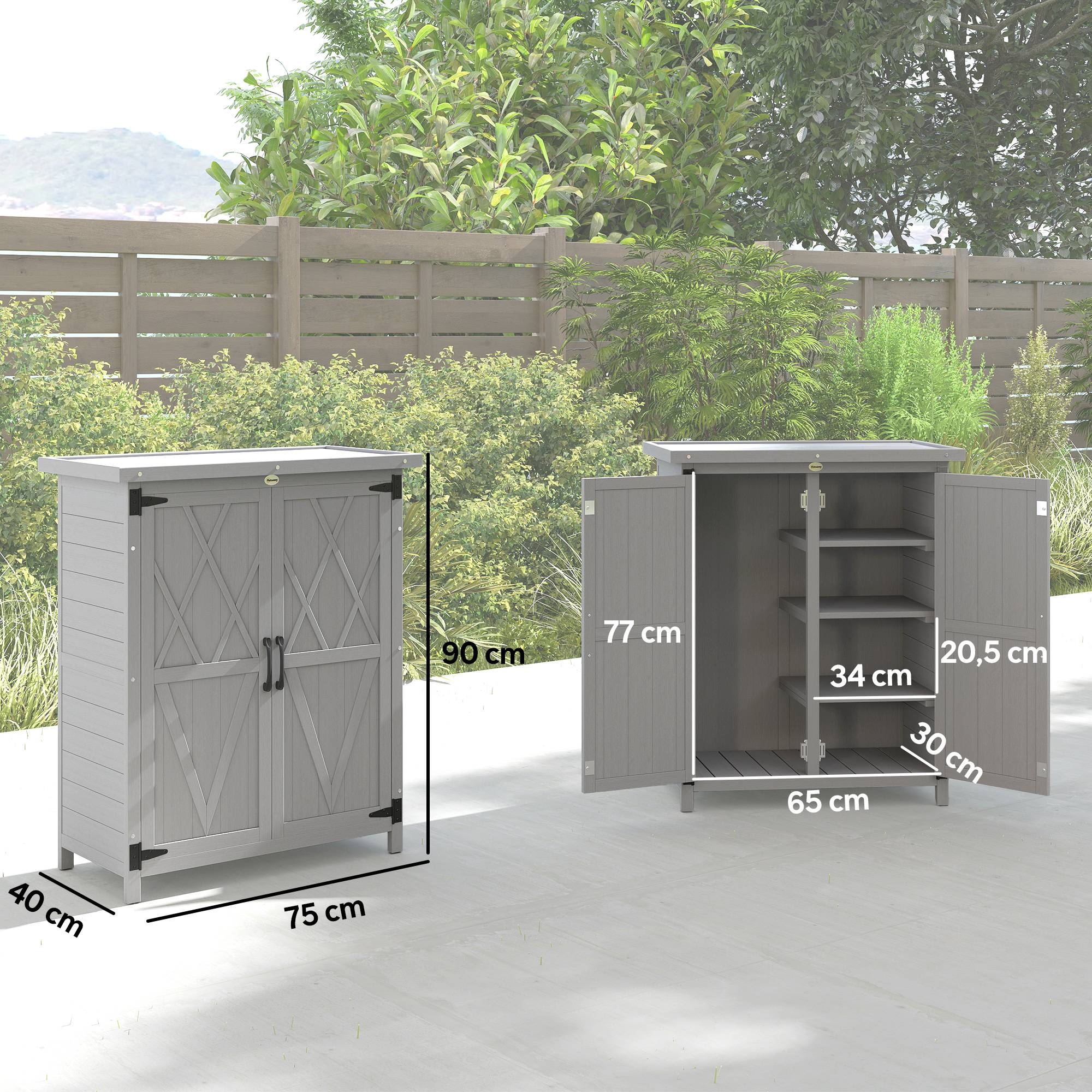 Armoire de jardin bois massif extérieur 4 étagères toit acier 75x40x90cm gris - ComfortXL Outdoor Living - Image 5