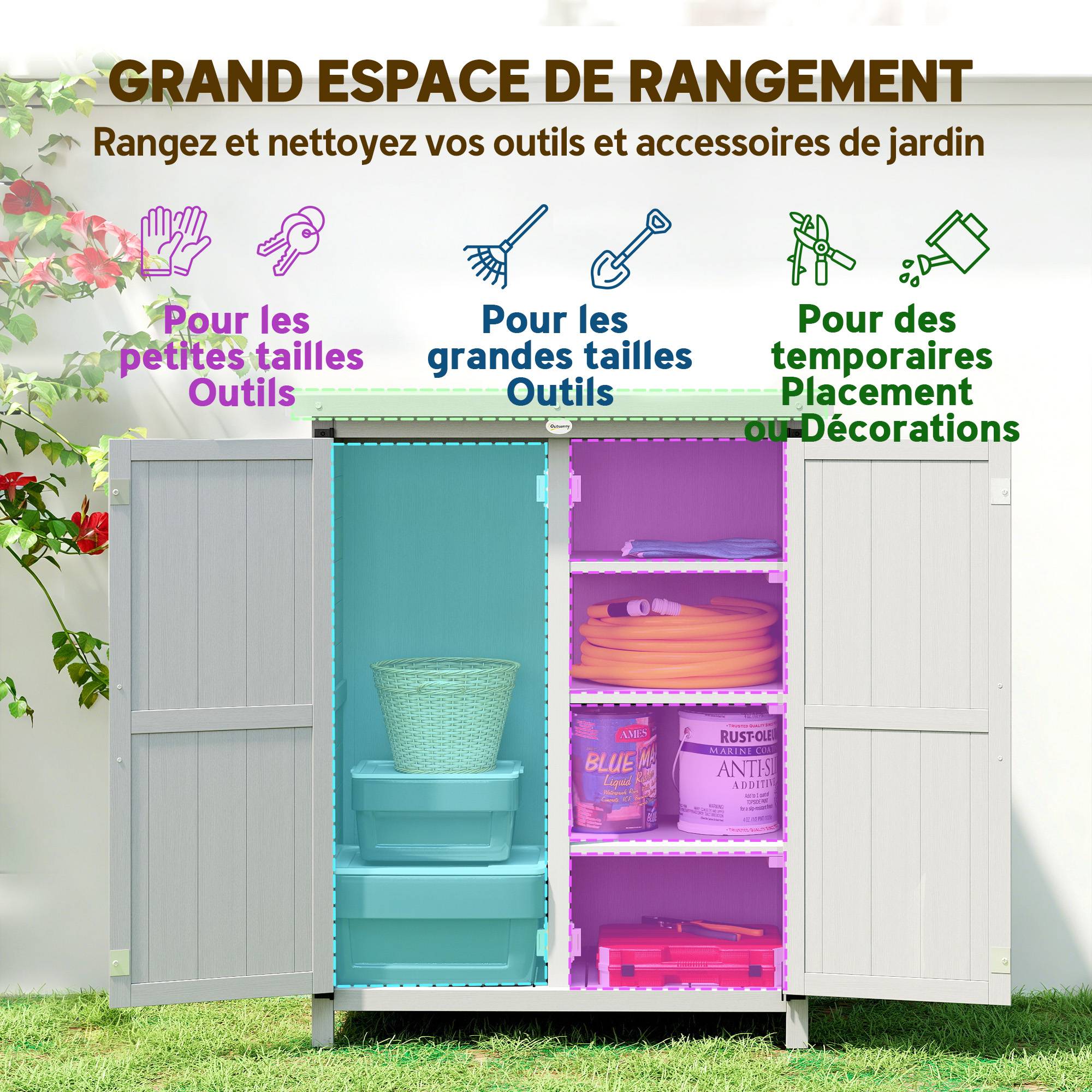 Armoire de jardin bois massif extérieur 4 étagères toit acier 75x40x90cm gris - ComfortXL Outdoor Living - Image 6
