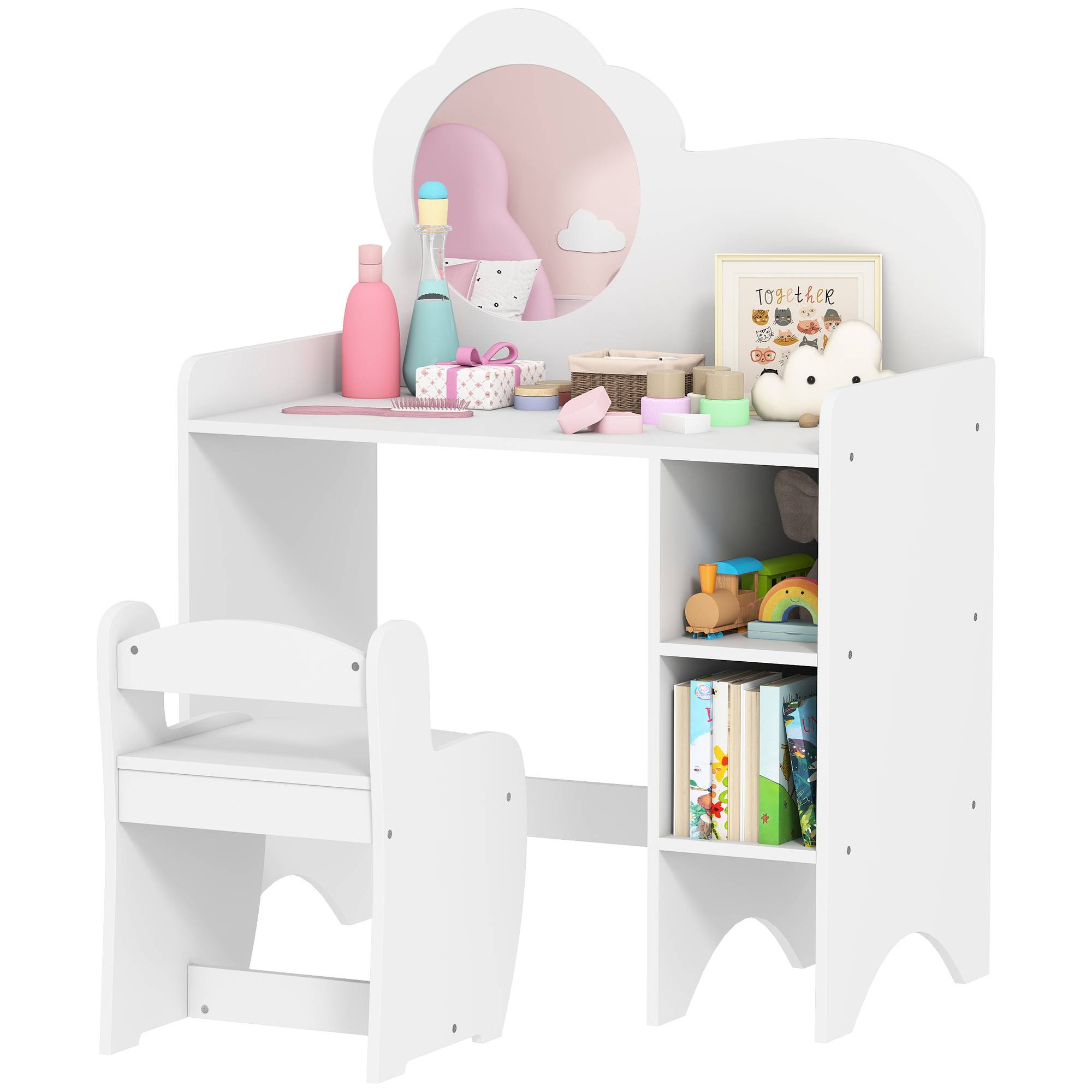 Sans Marque - Coiffeuse 2 en 1 pour filles avec tabouret, miroir et étagères ouvertes, pour enfants de 3 ans et plus, blanche