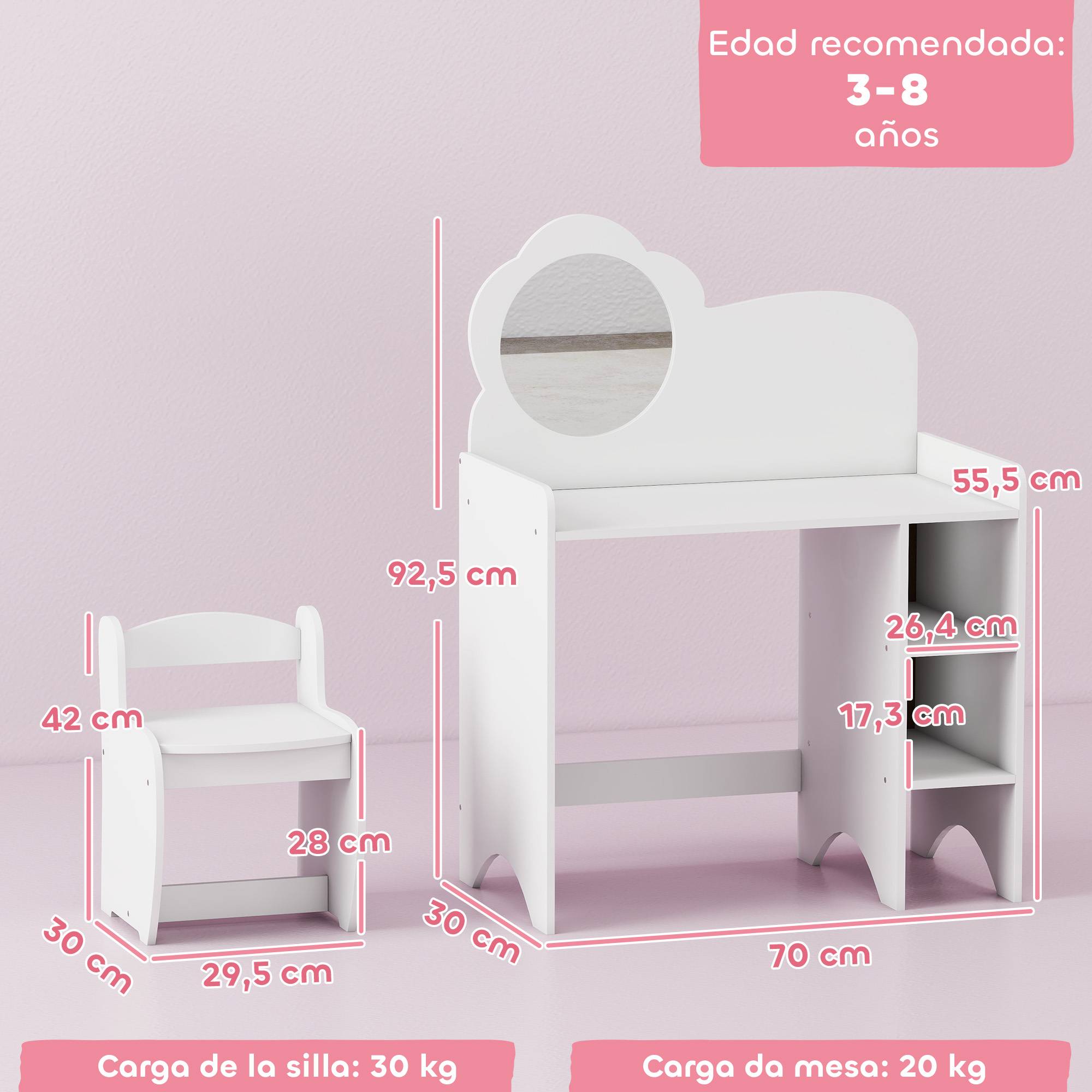 Sans Marque - Coiffeuse 2 en 1 pour filles avec tabouret, miroir et étagères ouvertes, pour enfants de 3 ans et plus, blanche - Image 5