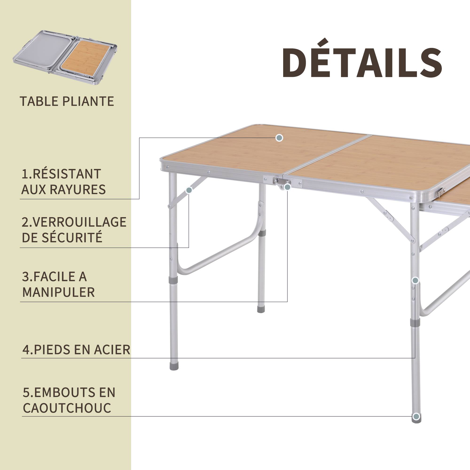 ComfortXL - Table pliante aluminium camping jardin avec rallonge réglable 90x60cm beige - ComfortXL Outdoor Living - Image 9