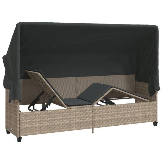 Chaise longue | Transat | Bain de soleil avec auvent et coussins gris clair résine tressée - Image 5