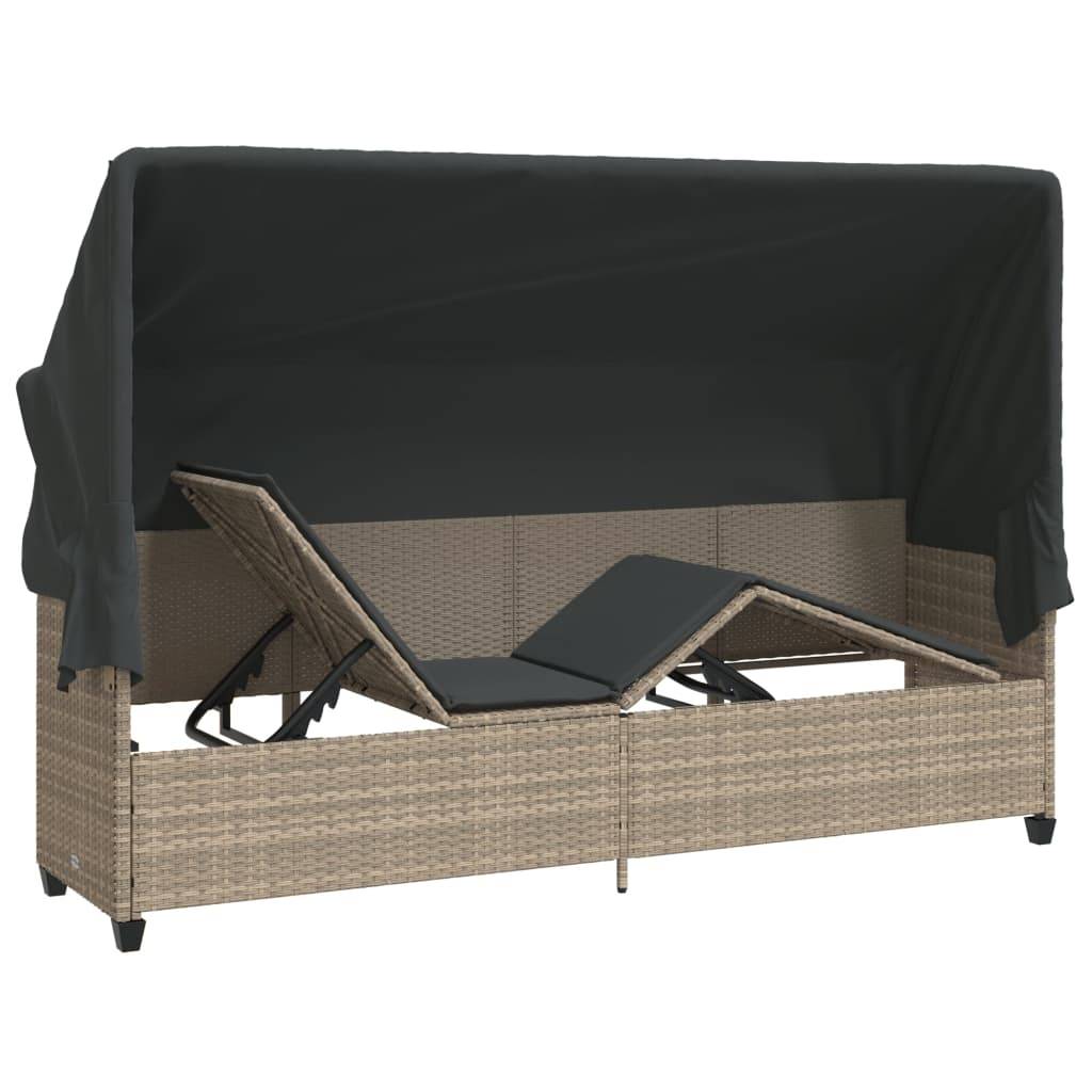 Chaise longue | Transat | Bain de soleil avec auvent et coussins gris clair résine tressée - Image 5