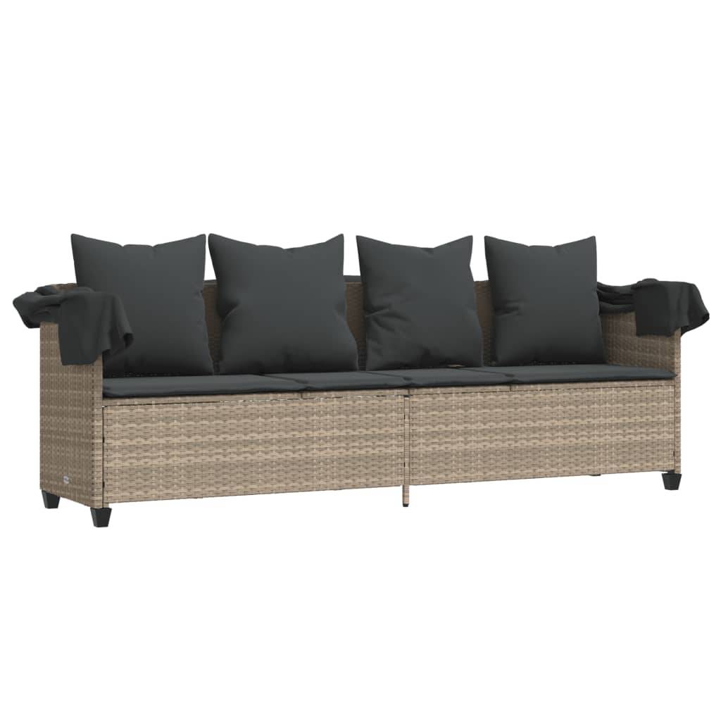 Chaise longue | Transat | Bain de soleil avec auvent et coussins gris clair résine tressée - Image 4