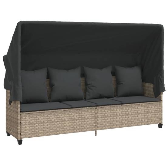 Chaise longue | Transat | Bain de soleil avec auvent et coussins gris clair résine tressée - Image 1