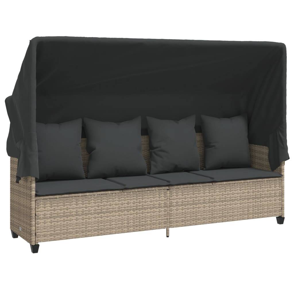 Chaise longue | Transat | Bain de soleil avec auvent et coussins gris clair résine tressée - Image 1