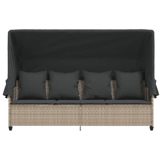 Chaise longue | Transat | Bain de soleil avec auvent et coussins gris clair résine tressée - Image 6