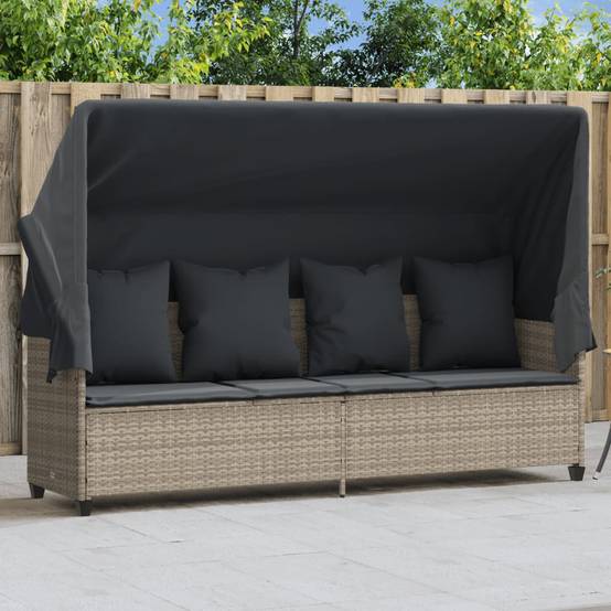 Chaise longue | Transat | Bain de soleil avec auvent et coussins gris clair résine tressée - Image 2