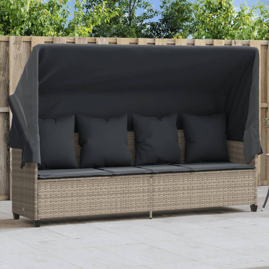 Chaise longue | Transat | Bain de soleil avec auvent et coussins gris clair résine tressée - Image 2