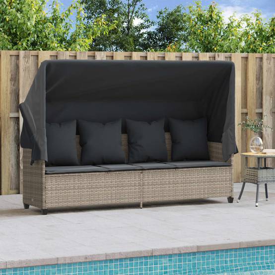 Chaise longue | Transat | Bain de soleil avec auvent et coussins gris clair résine tressée - Image 3