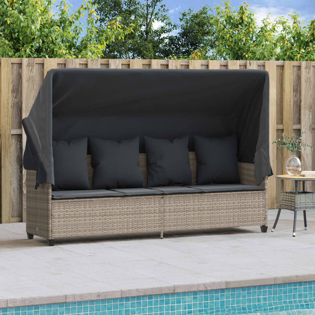 Chaise longue | Transat | Bain de soleil avec auvent et coussins gris clair résine tressée - Image 3