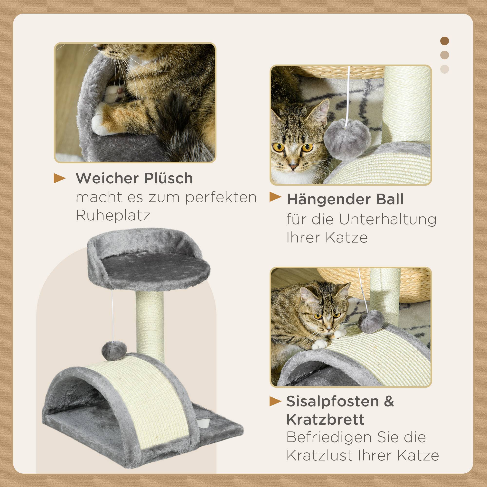 Arbre à chat 46 cm niche, balle, corde sisal, plateforme surélevée, chats jusqu'à 4 kg, gris - Image 7