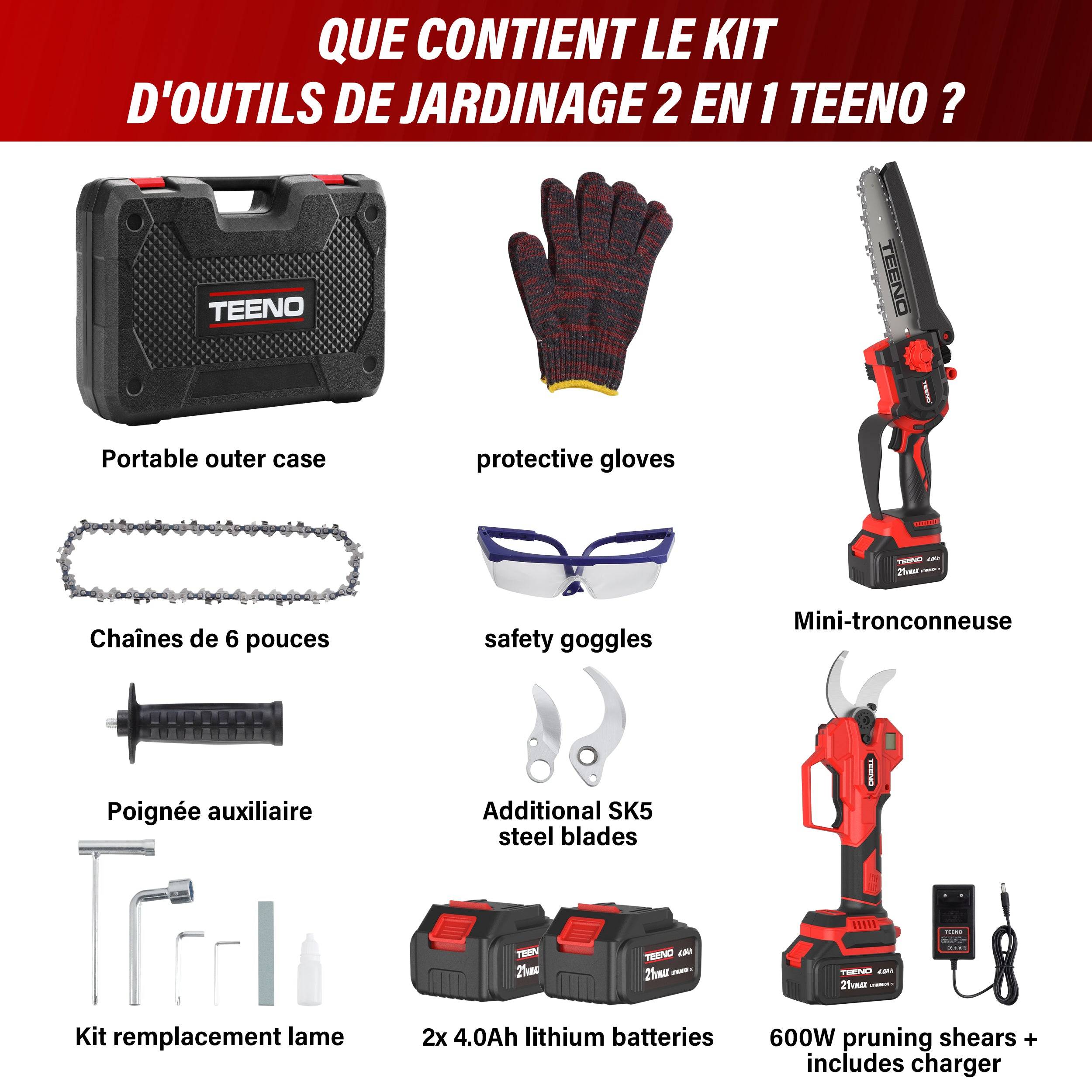 Teeno - Mini‑scie sans fil 600 W 6 pouces + sécateur électrique 40 mm, 2 batteries 4,0 Ah incluses - Image 2