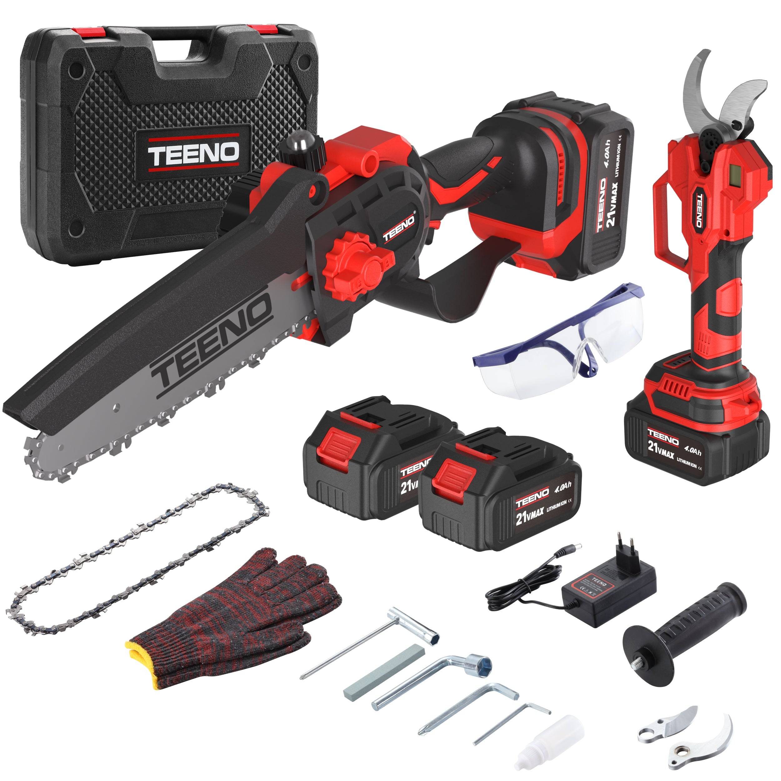 Teeno - Mini‑scie sans fil 600 W 6 pouces + sécateur électrique 40 mm, 2 batteries 4,0 Ah incluses - Image 1