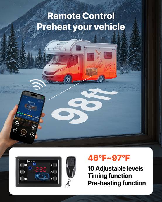 VEVOR Chauffage diesel 8kW 12/24V, Bluetooth, télécom., LCD, réservoir 7L, camping-car - Image 6
